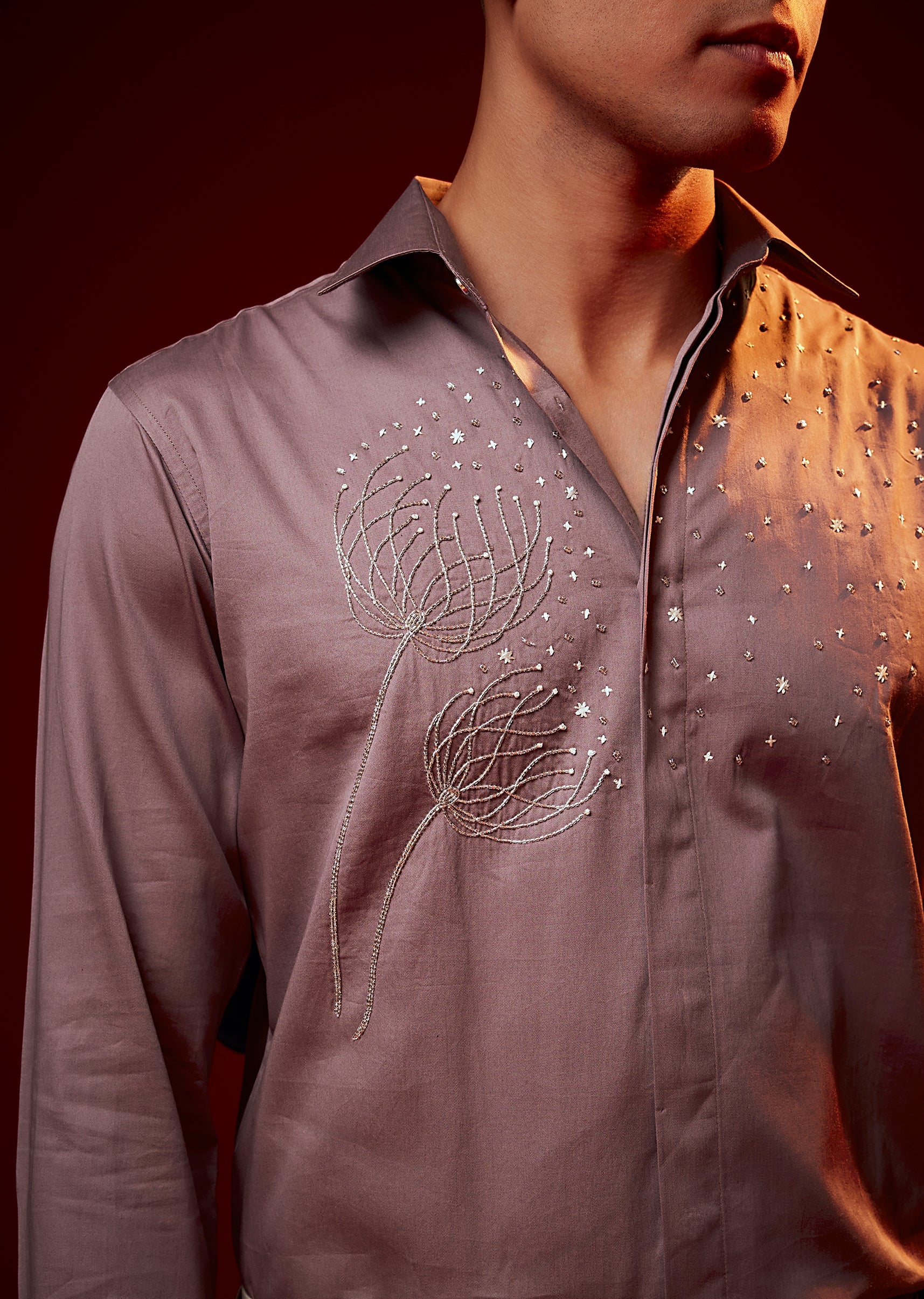 Pink Embroidered Silk Blend Mandarin Collar Shirt - Image 2
