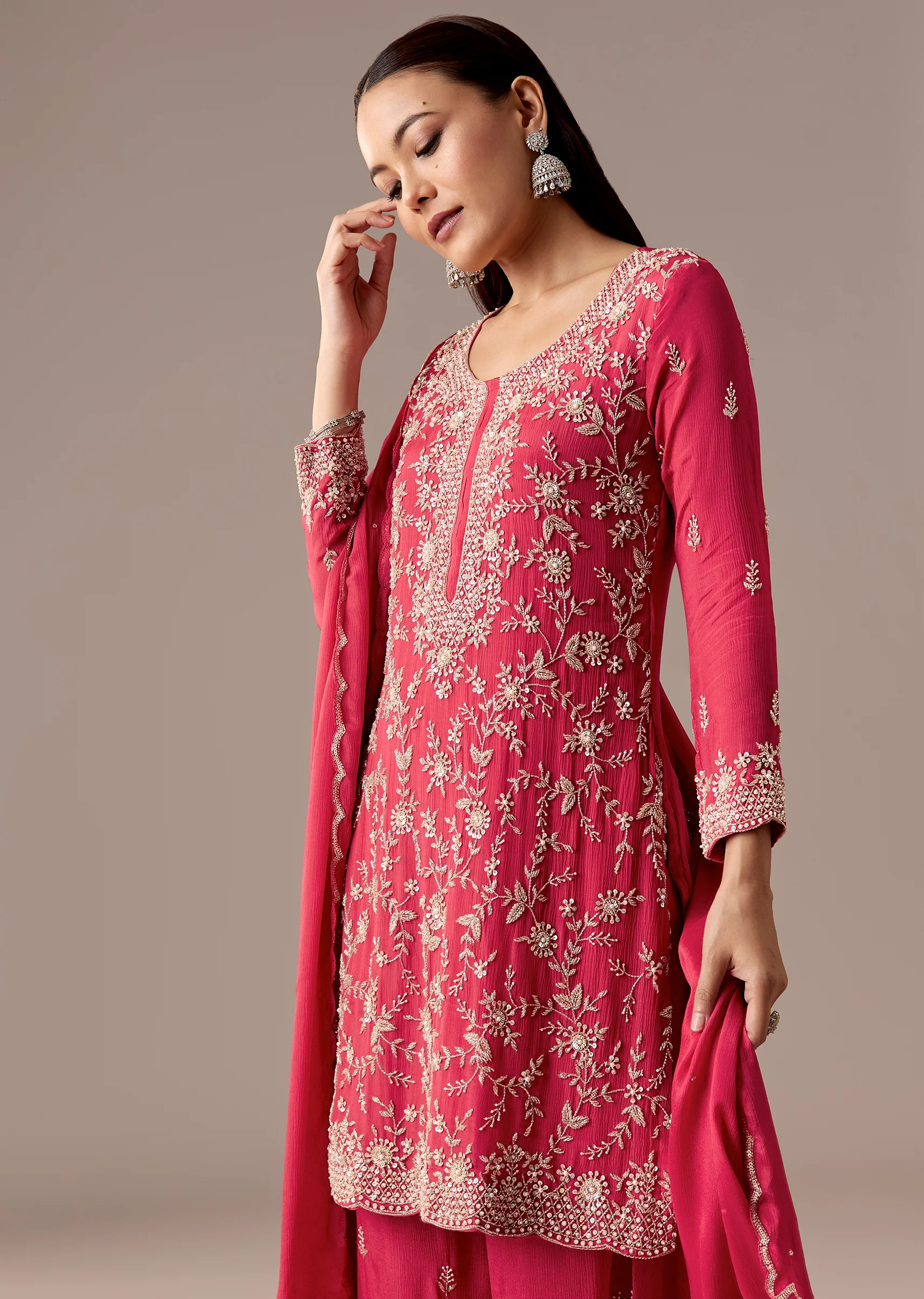 Pink Festive Coordination – Pakistani Style Palazzo Suit For Her And Pink Silk Mirror Work Kurta Set For Him - Image 4