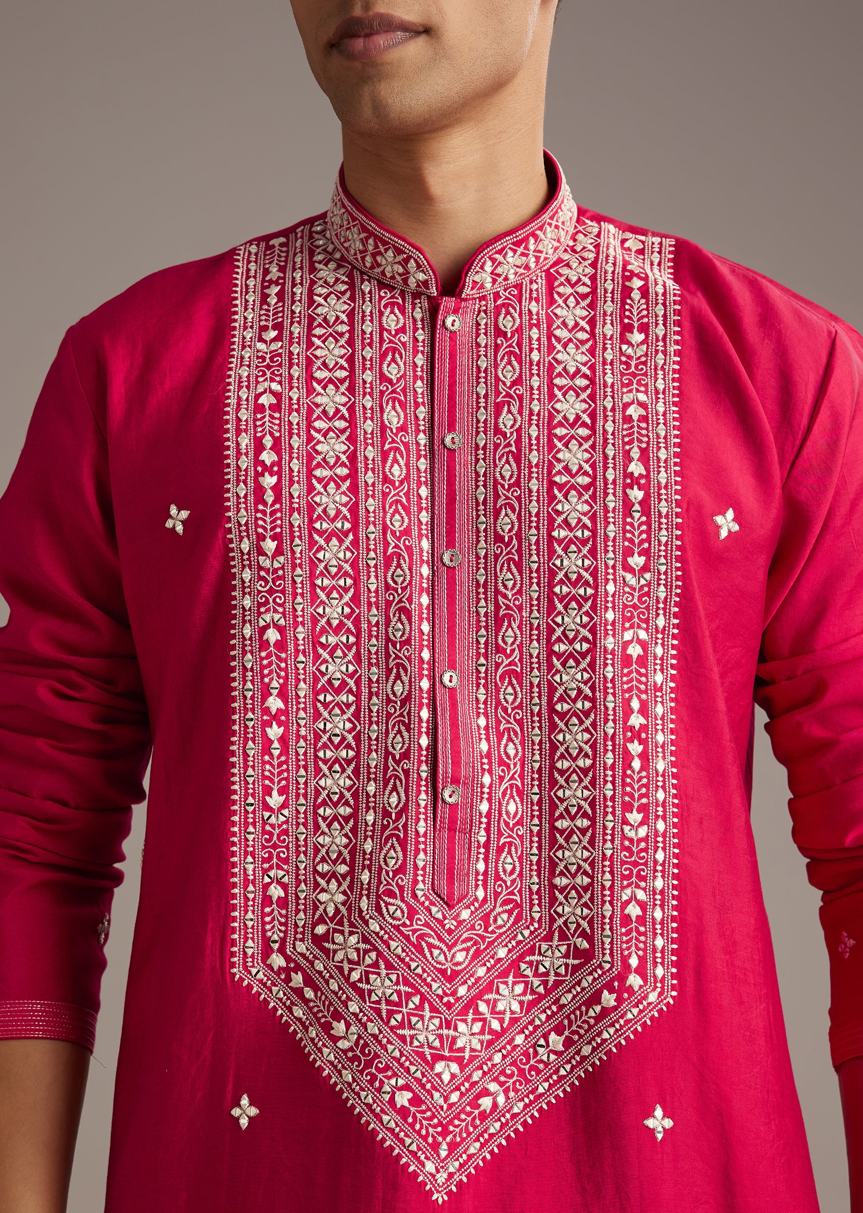 Pink Festive Coordination – Pakistani Style Palazzo Suit For Her And Pink Silk Mirror Work Kurta Set For Him - Image 5