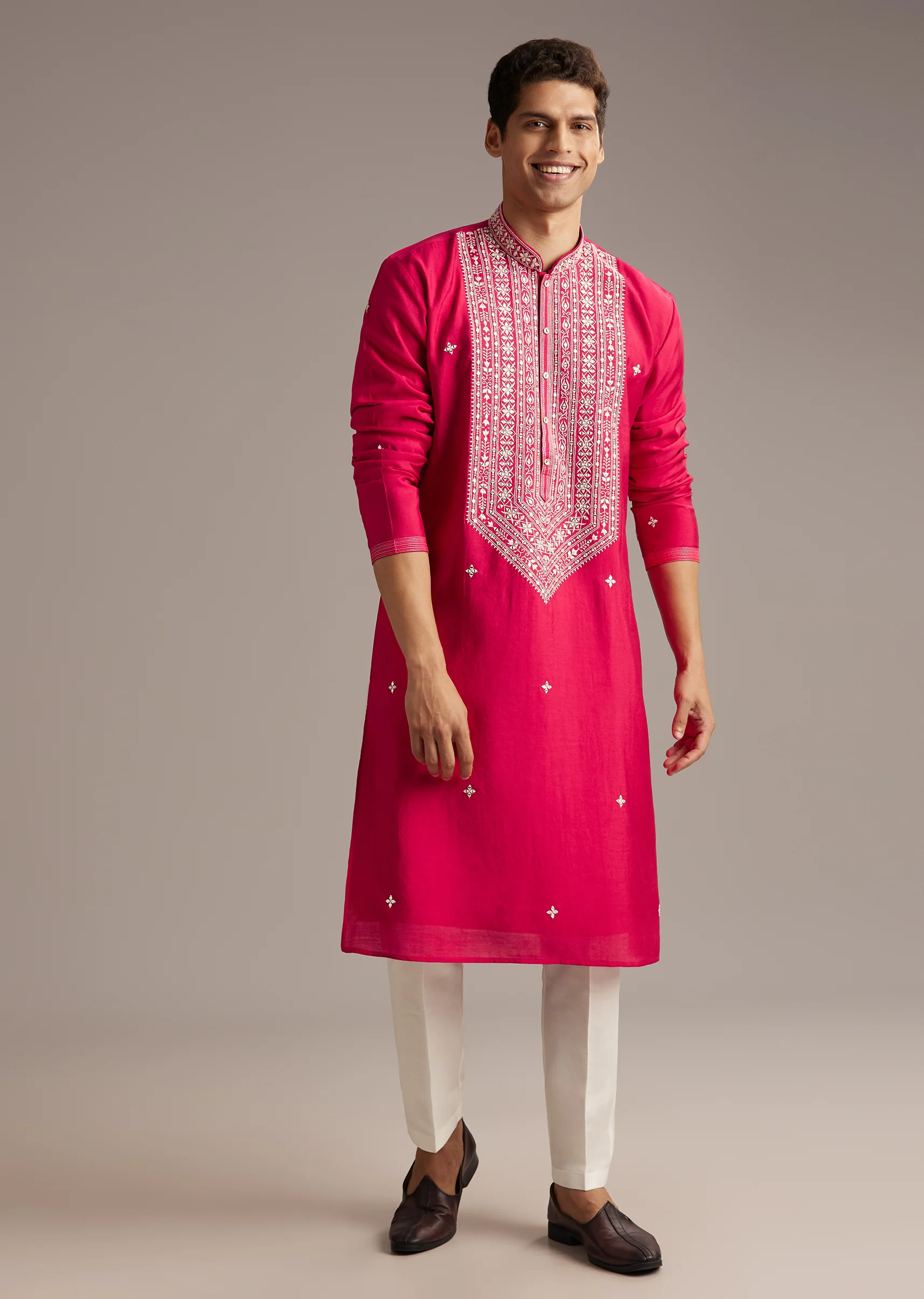 Pink Festive Coordination – Pakistani Style Palazzo Suit For Her And Pink Silk Mirror Work Kurta Set For Him - Image 9