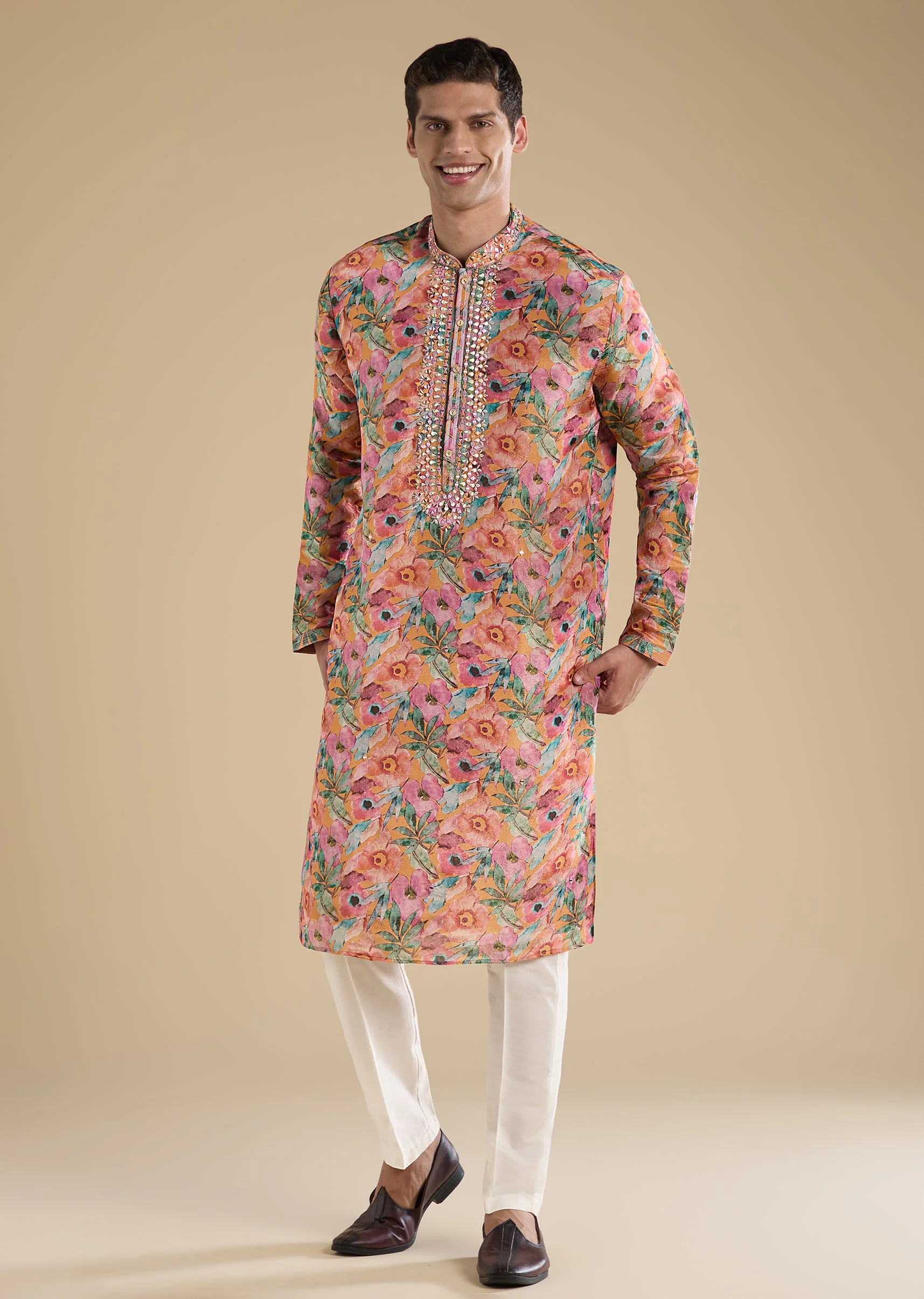 Pink Floral Printed Kurta Set with Embroidery