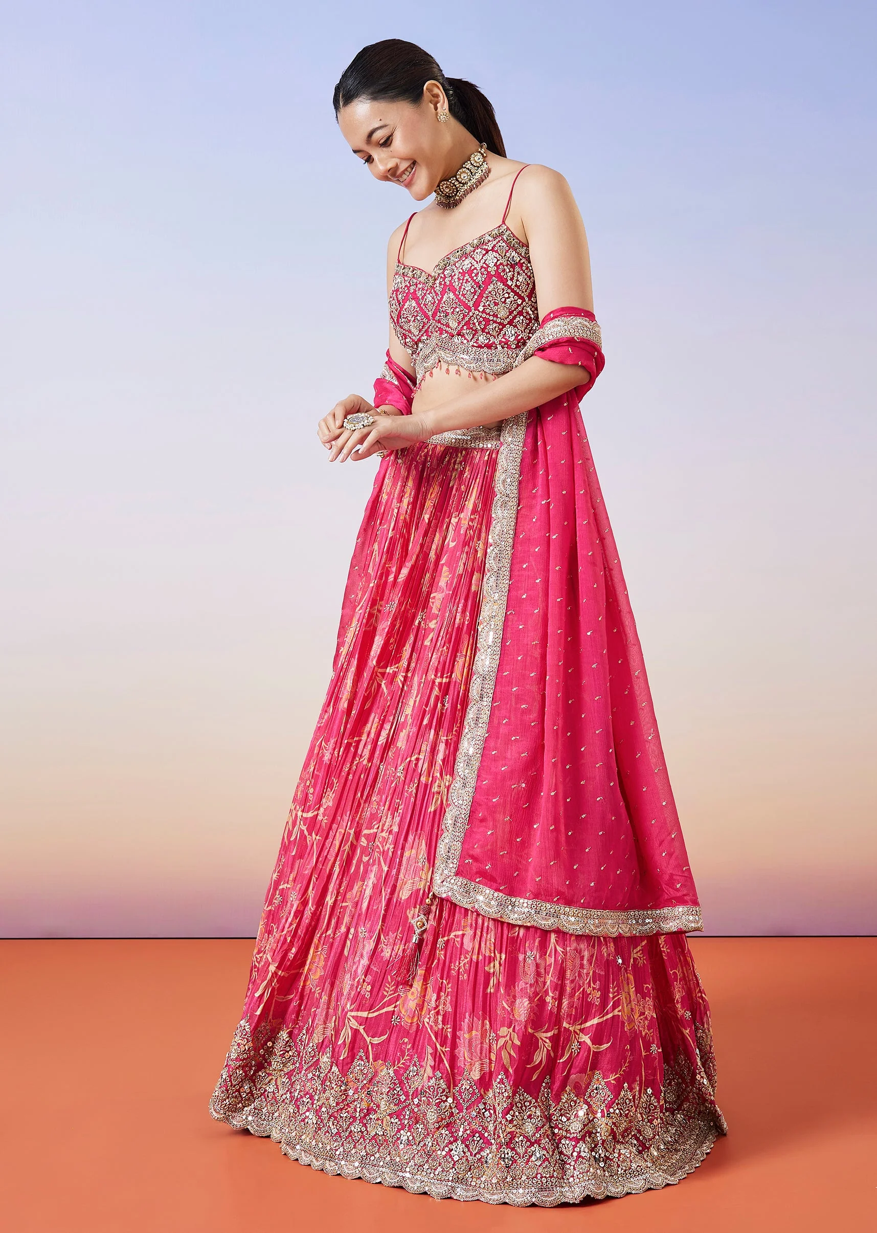 Pink Floral Printed Lehenga With Dupatta - Image 4