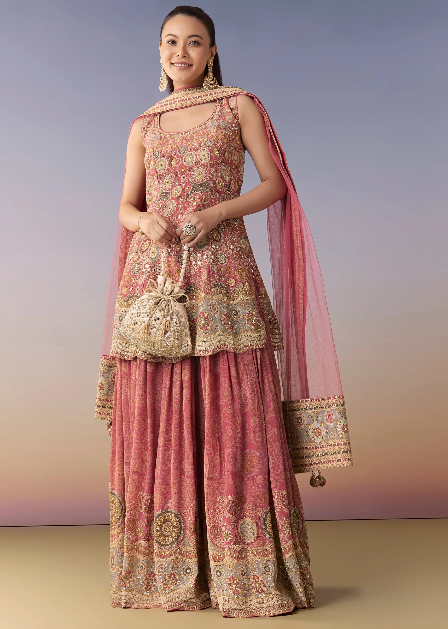 Pink Floral Printed Palazzo Set With Dupatta - Image 3