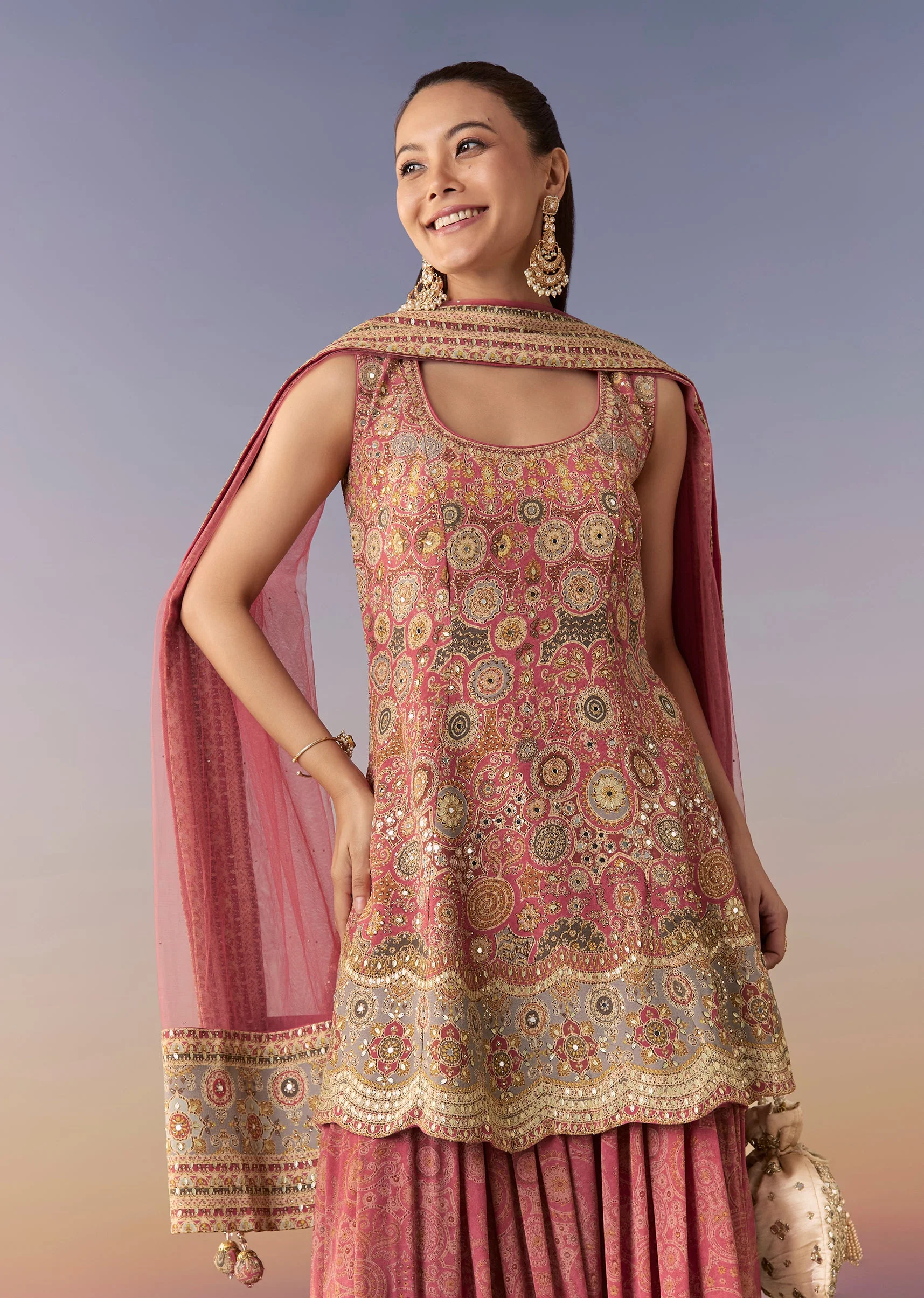 Pink Floral Printed Palazzo Set With Dupatta - Image 4
