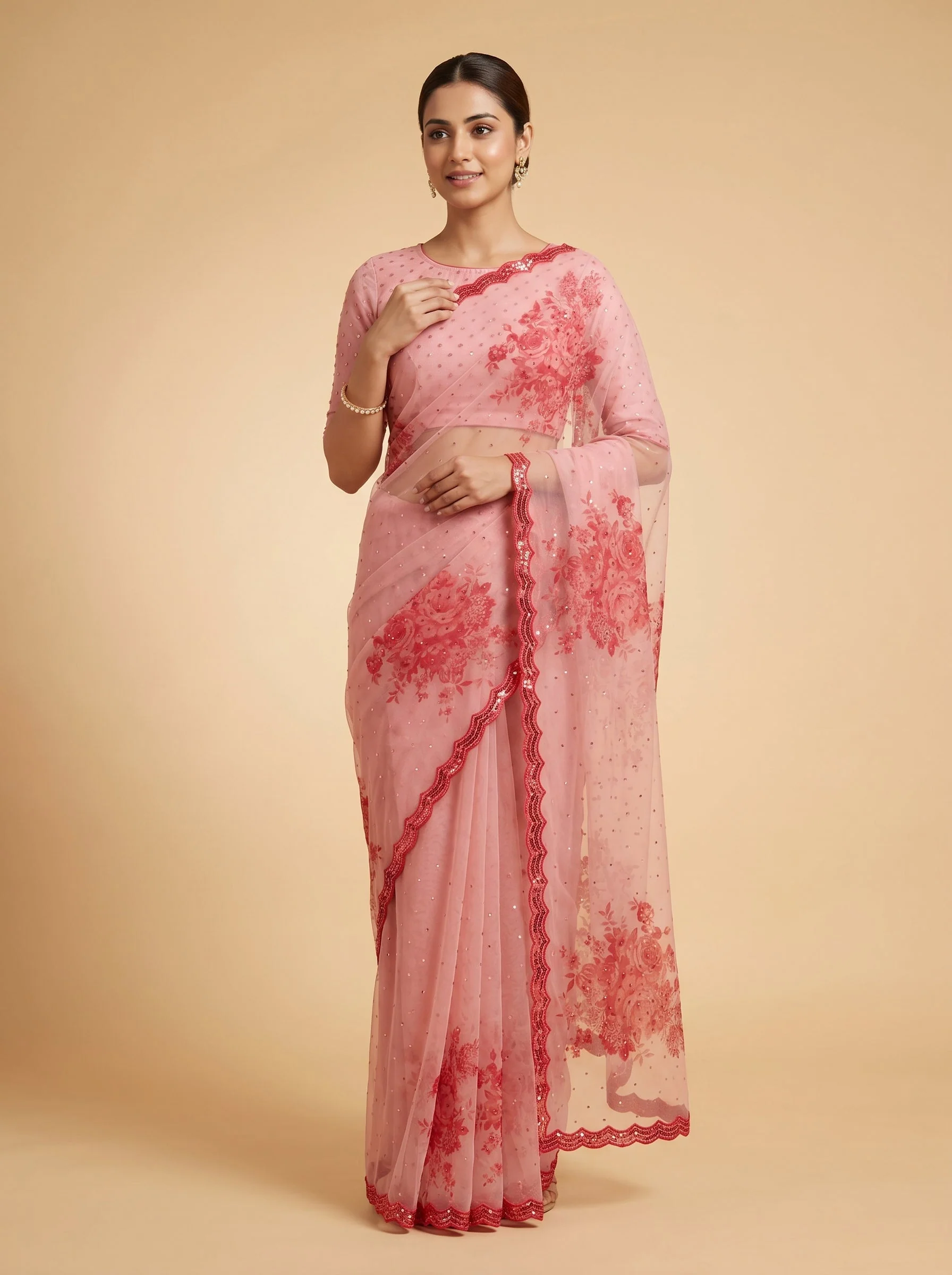 Pink Floral Printed Saree