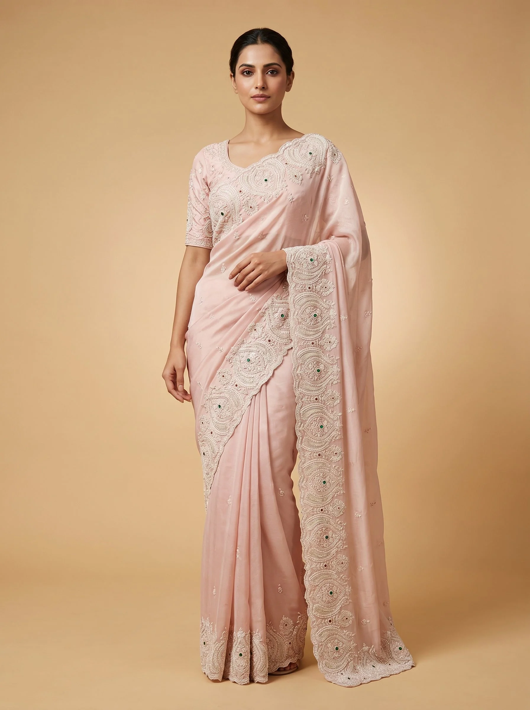 Pink Fresh Detail Embroidered Saree