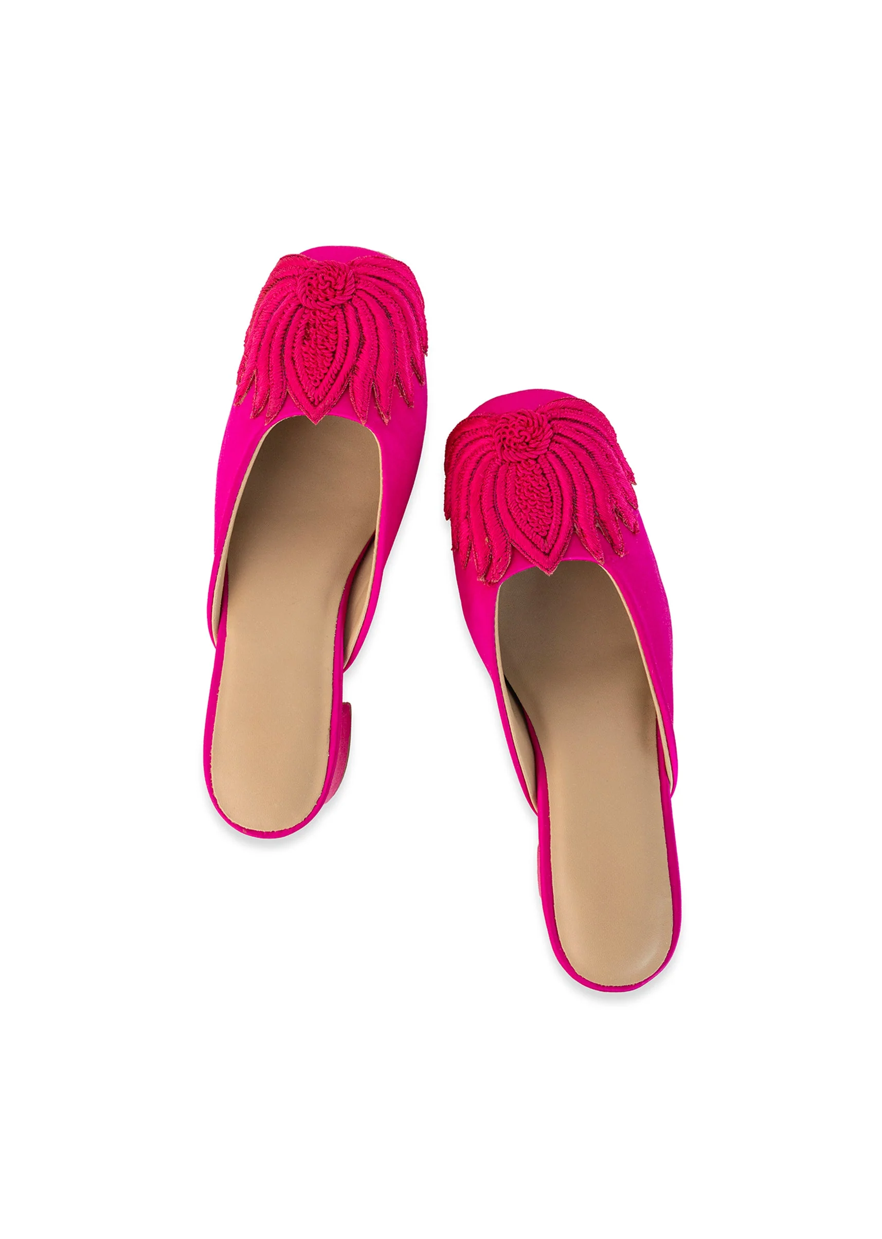 Pink Fuschia Satin Lotus Motif Heel Mules - Image 2