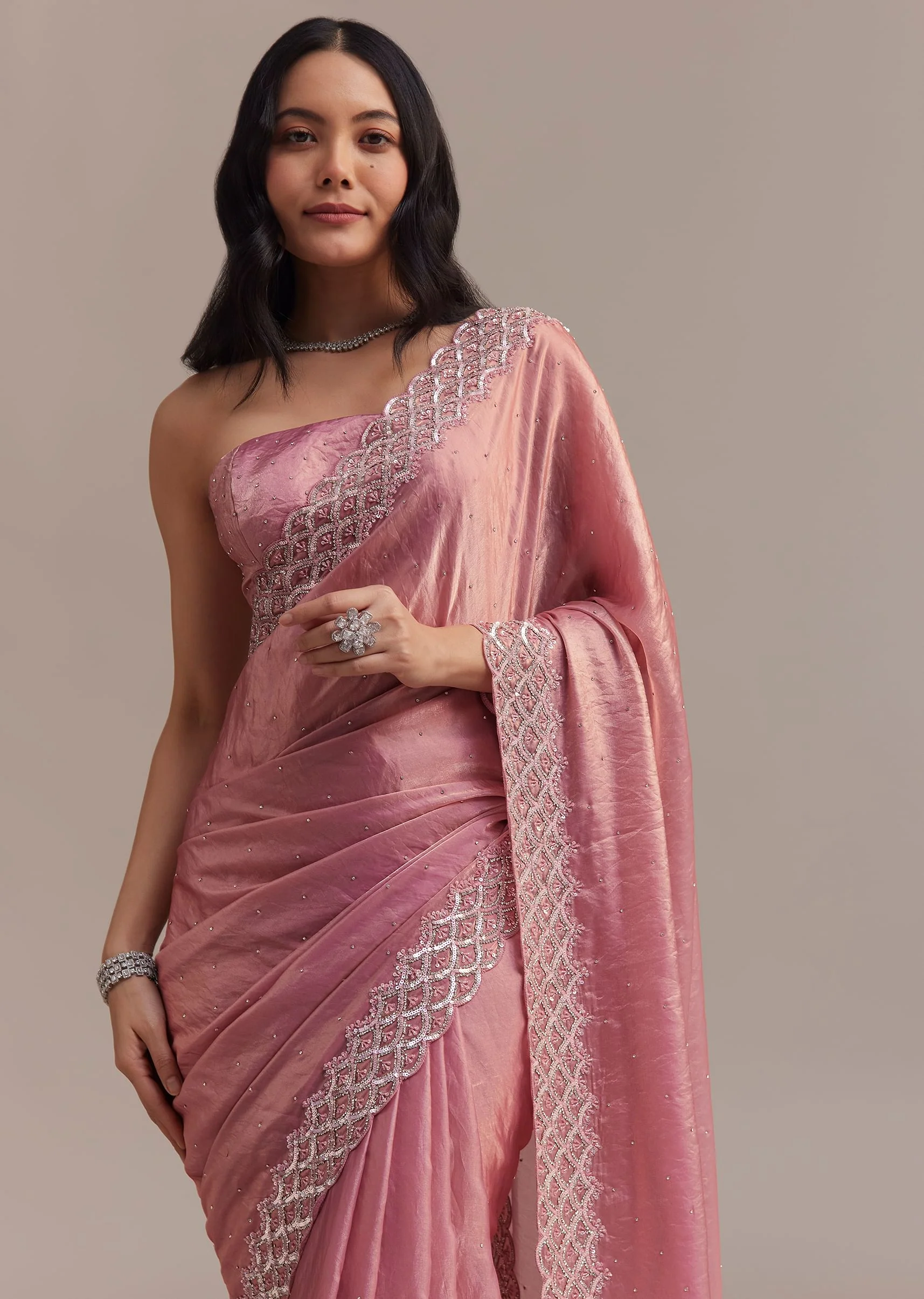 Pink Glass Tissue Saree With Sequins And Moti Embroidered Border - Image 2