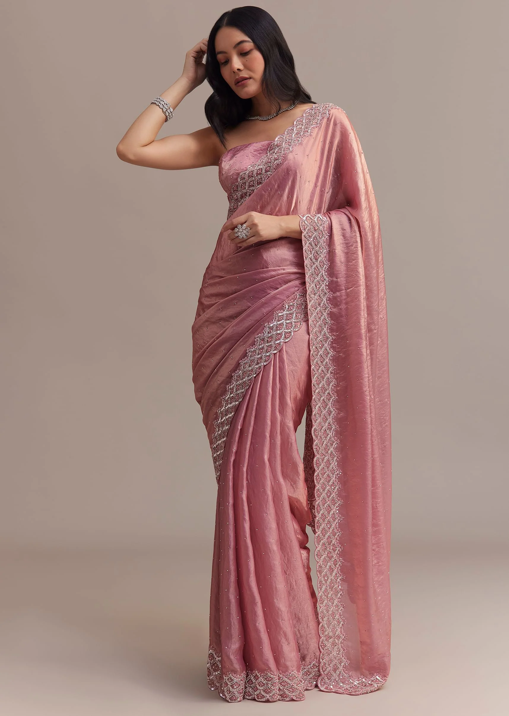 Pink Glass Tissue Saree With Sequins And Moti Embroidered Border - Image 3