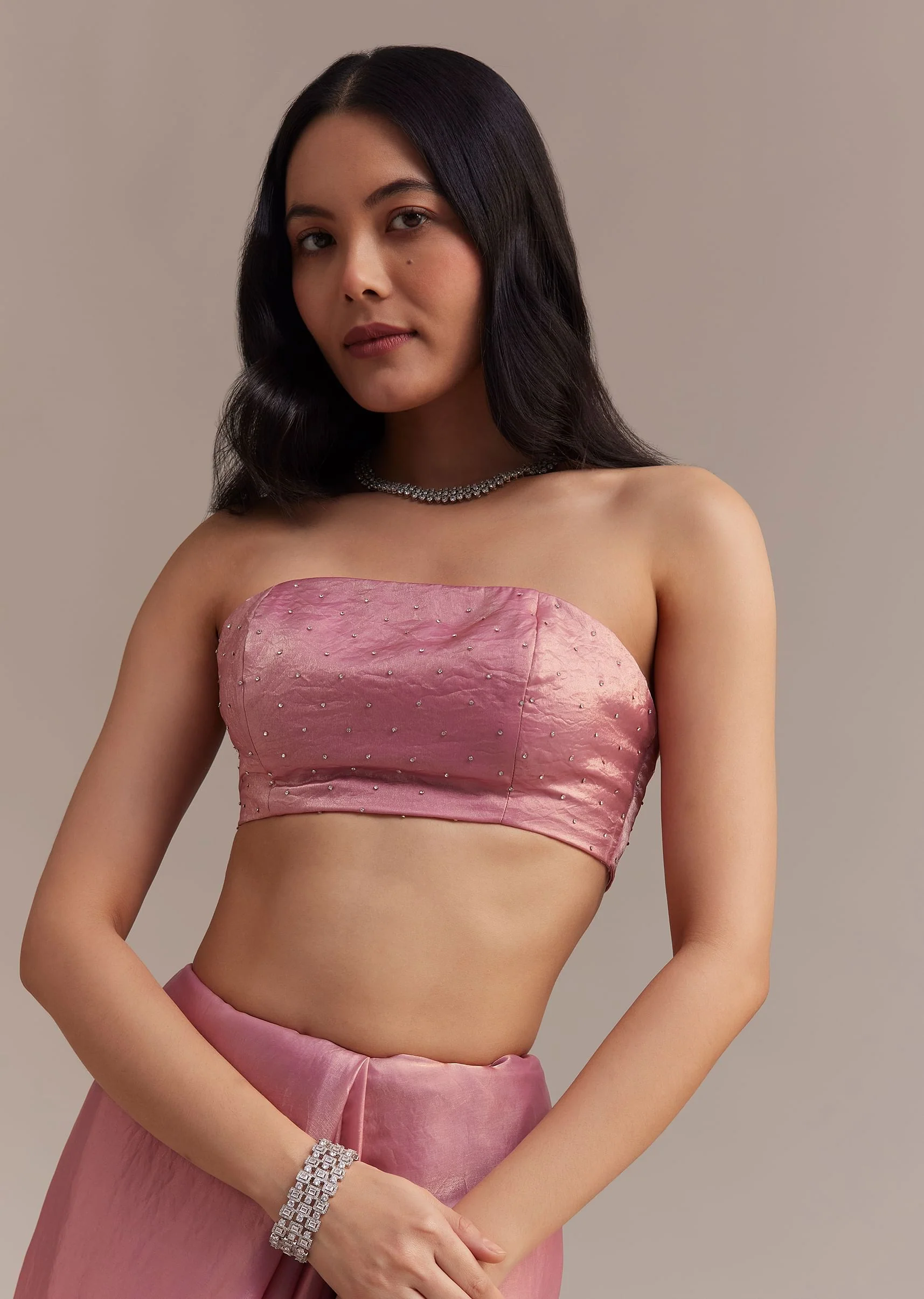 Pink Glass Tissue Saree With Sequins And Moti Embroidered Border - Image 7