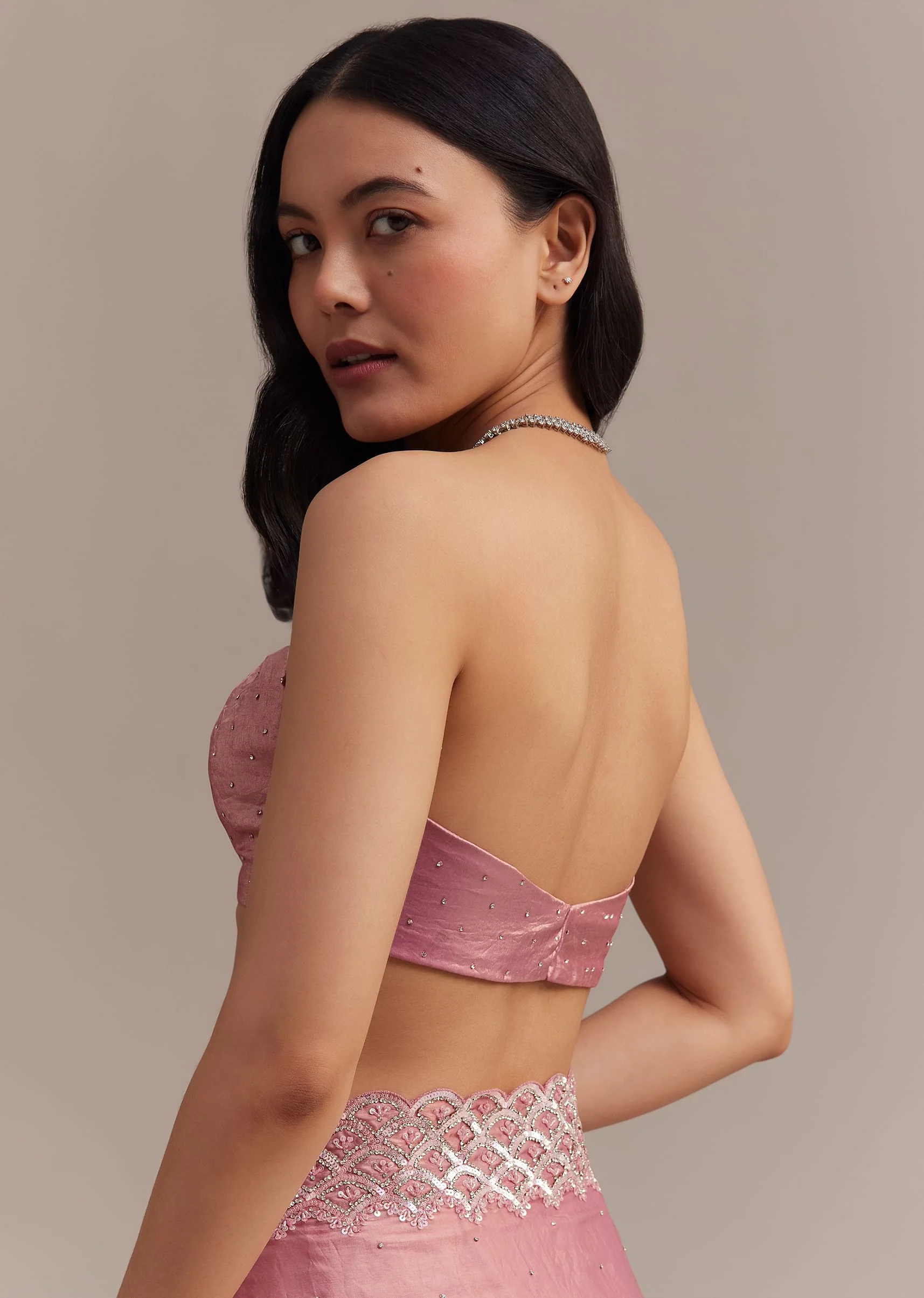 Pink Glass Tissue Saree With Sequins And Moti Embroidered Border - Image 8