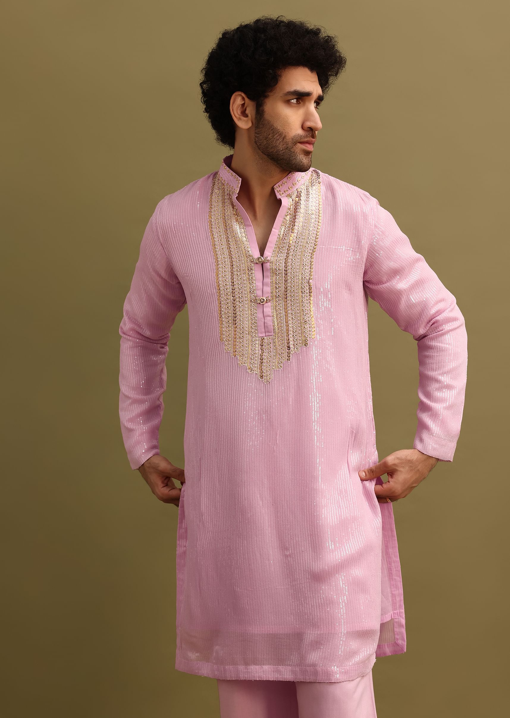 Pink Gold Sequin Work Kurta Pant Set - Image 3