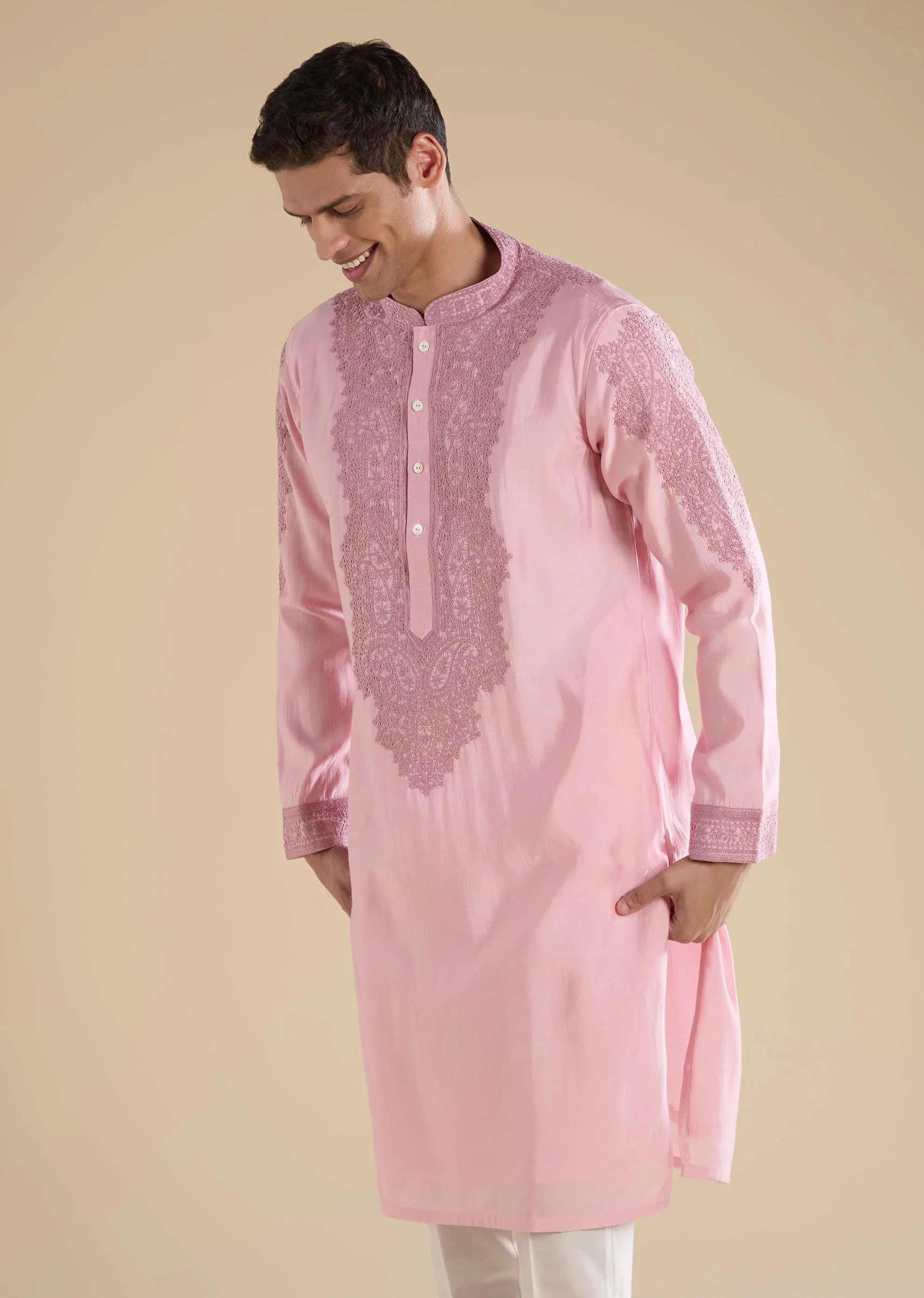 Pink Gujarati Handwork Chanderi Kurta Set - Image 4