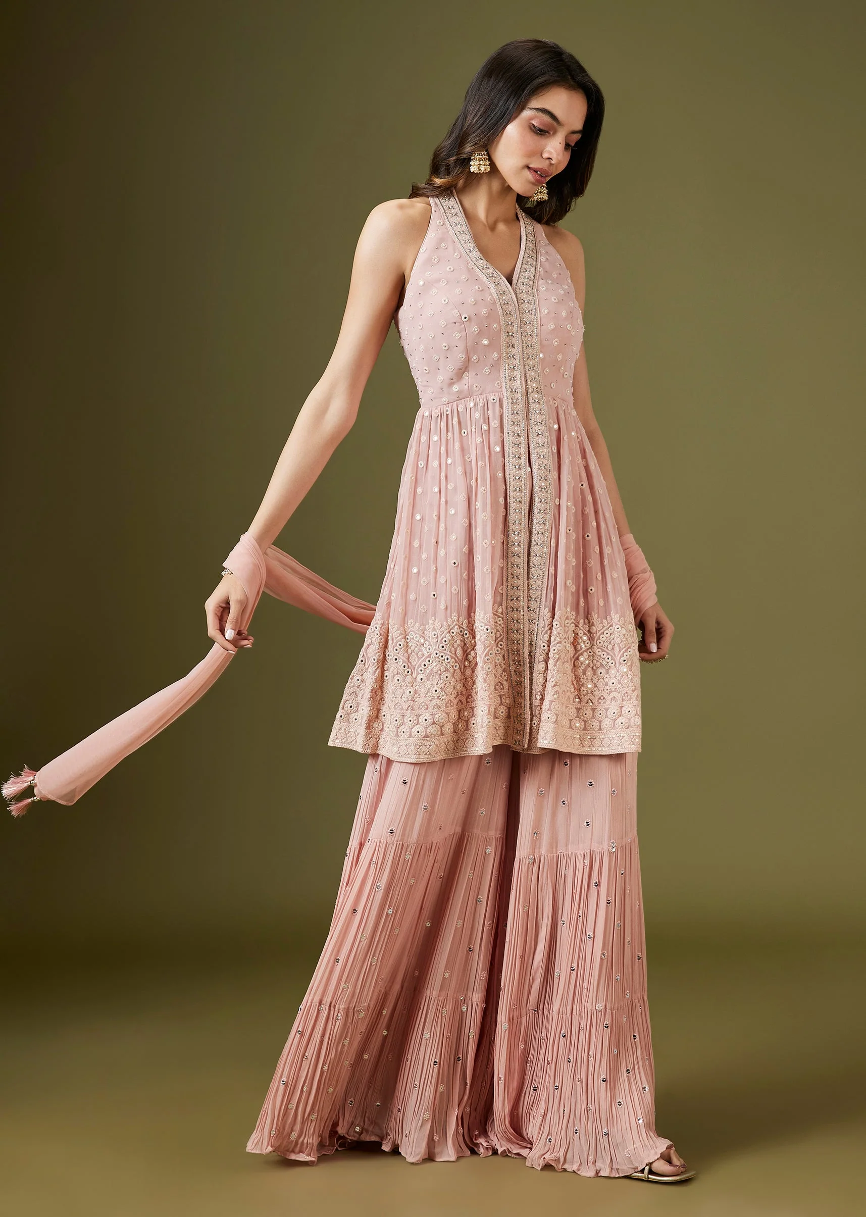 Pink Halter Neck Embellished Peplum Sharara Set - Image 3