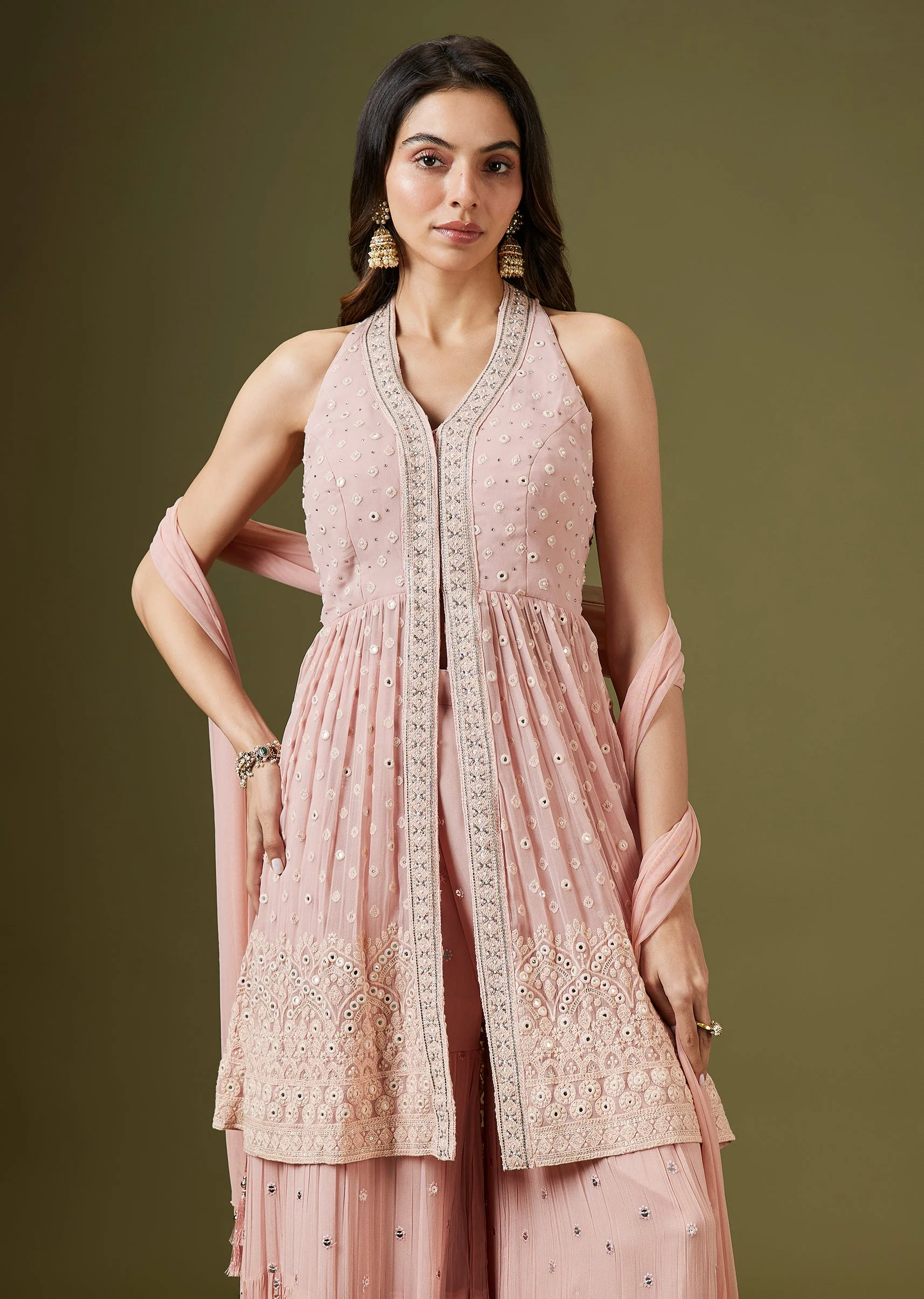 Pink Halter Neck Embellished Peplum Sharara Set - Image 4