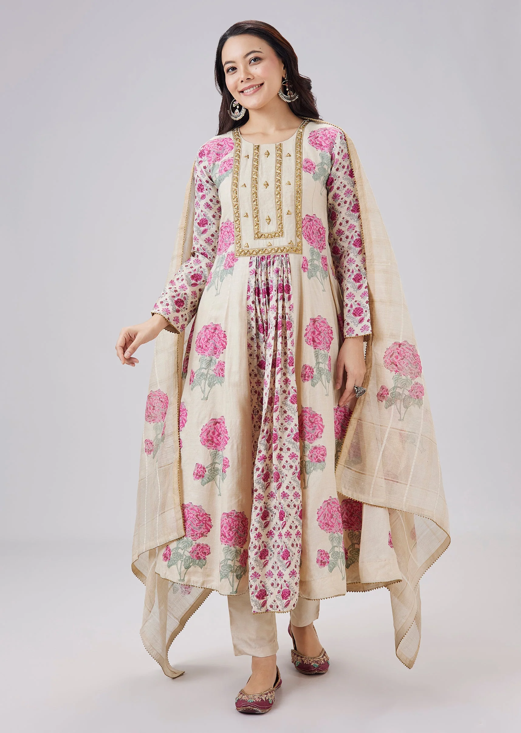 Pink Hand Block Printed Anarkali Suit Set With Sequin Embroidery