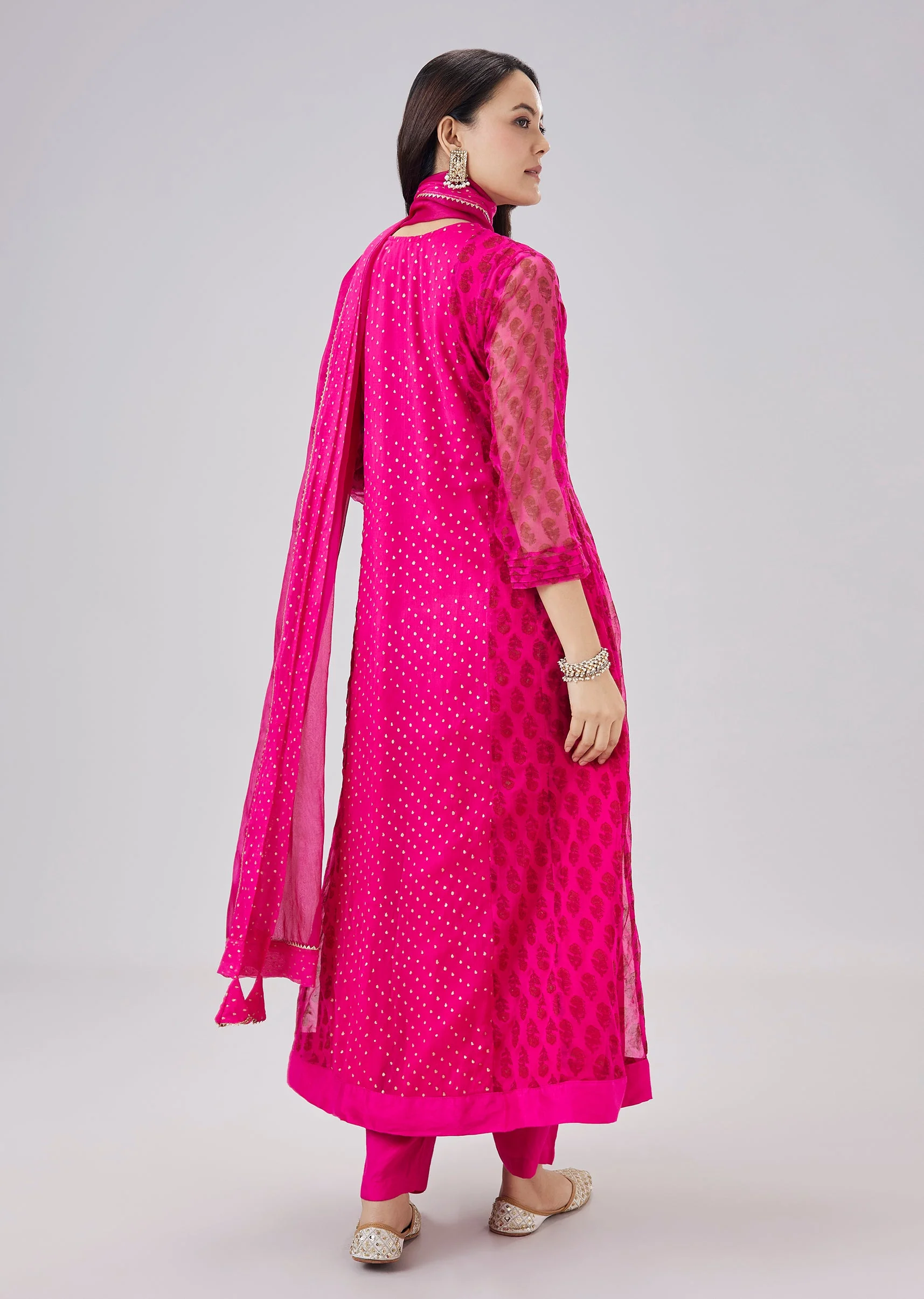 Pink Hand Block Printed Chiffon Anarkali Set With Dupatta - Image 5