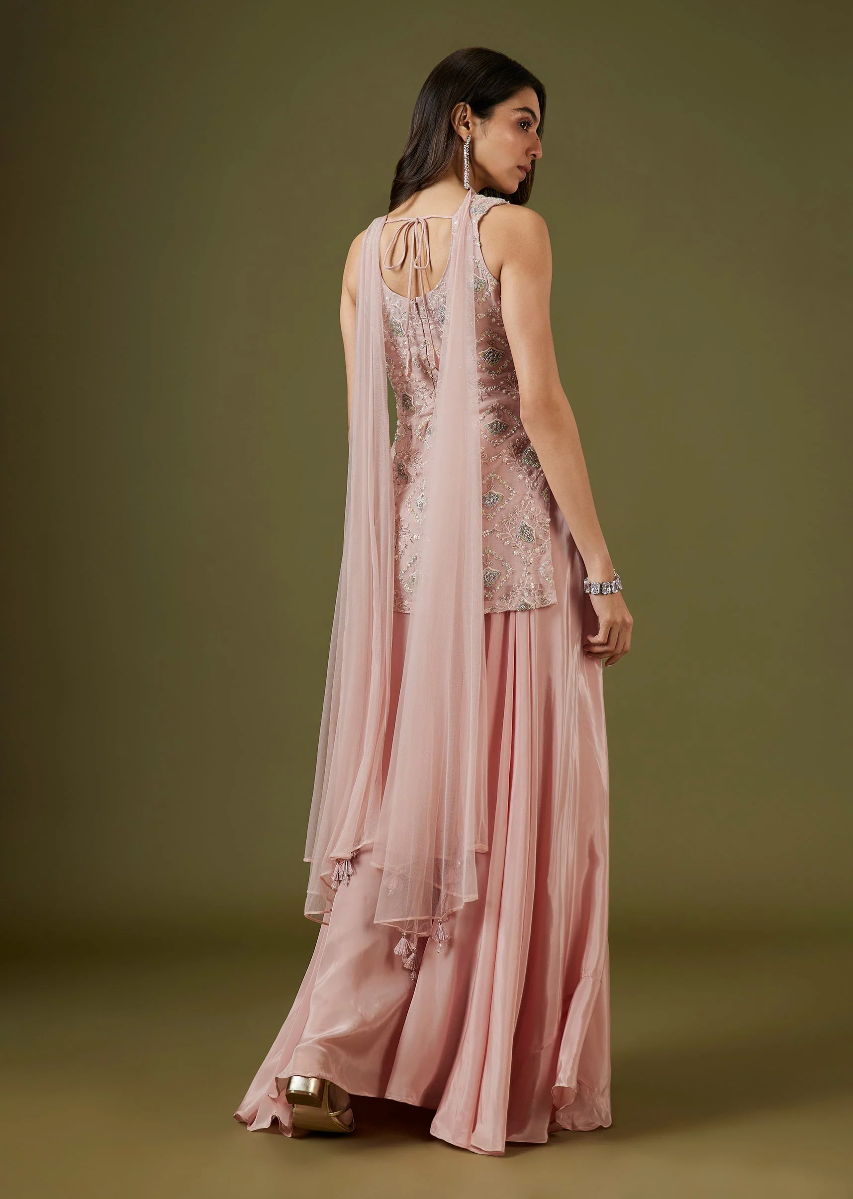 Pink Hand Embellished Organza Palazzo Set With Choker Dupatta - Image 5