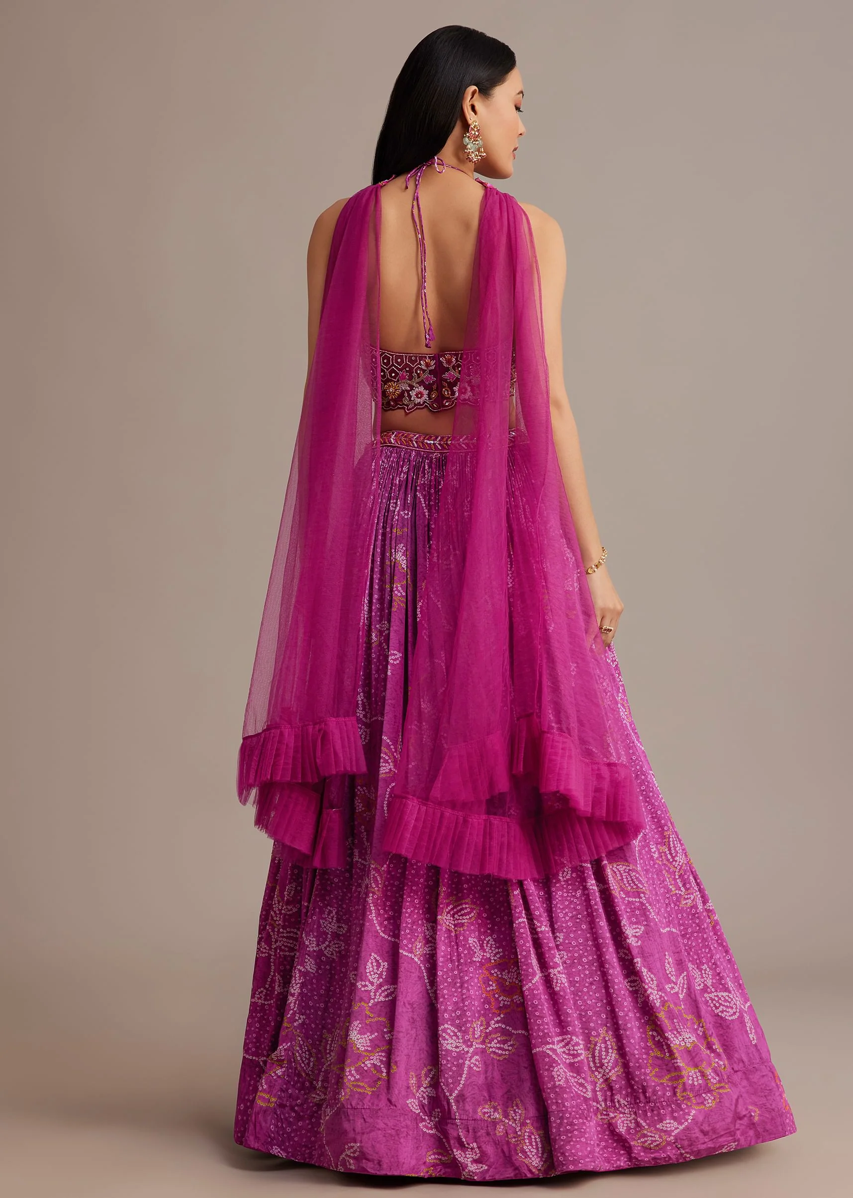 Pink Hand Embroidered Choli With Bandhani Print Lehenga And Choker Net Dupatta - Image 5