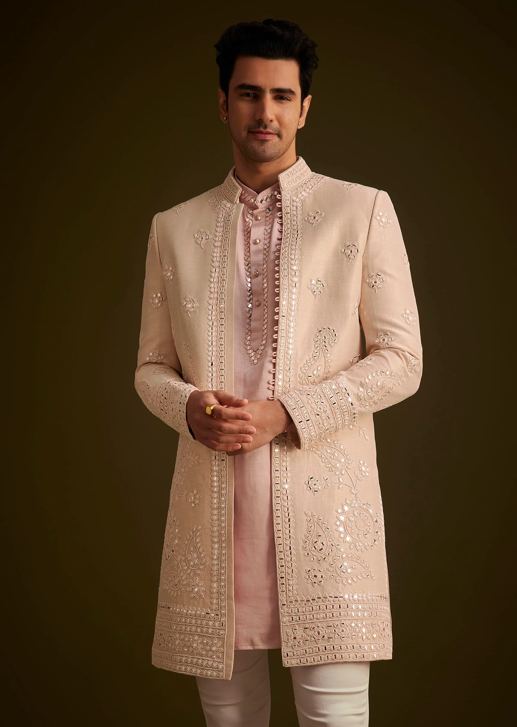 Pink Hand Embroidered Sherwani Set - Image 4