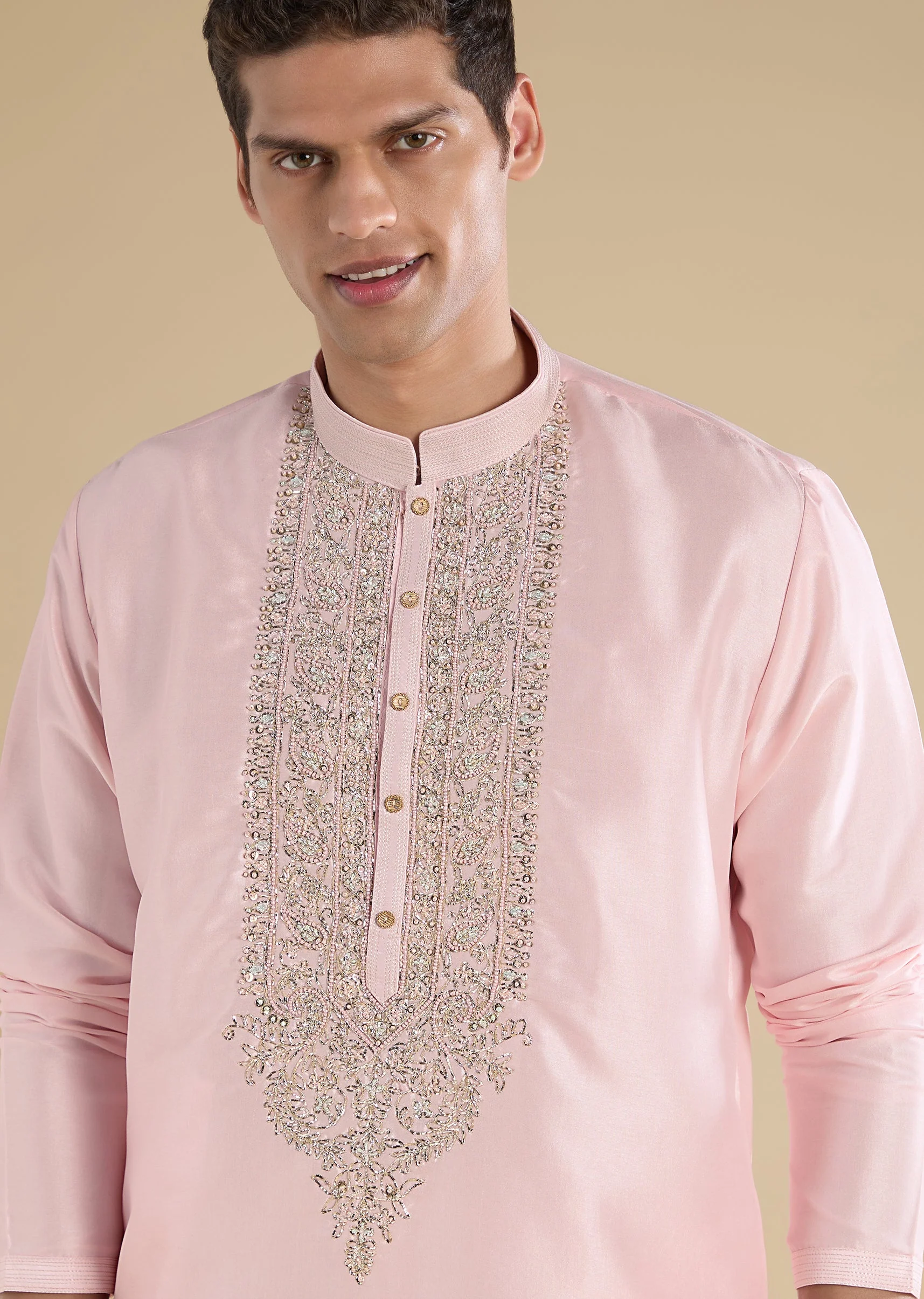 Pink Hand Embroidered Silk Kurta Set