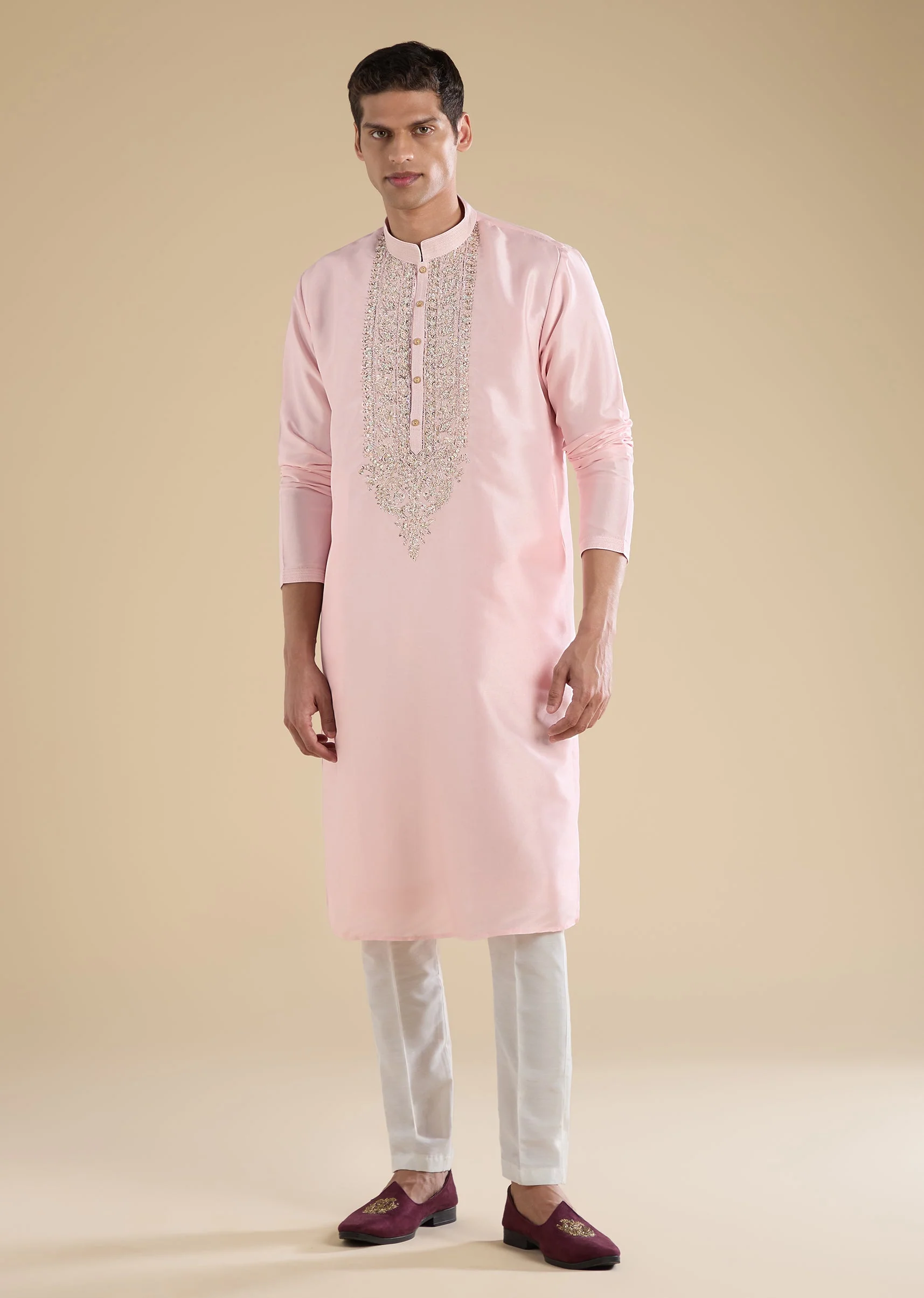 Pink Hand Embroidered Silk Kurta Set - Image 2