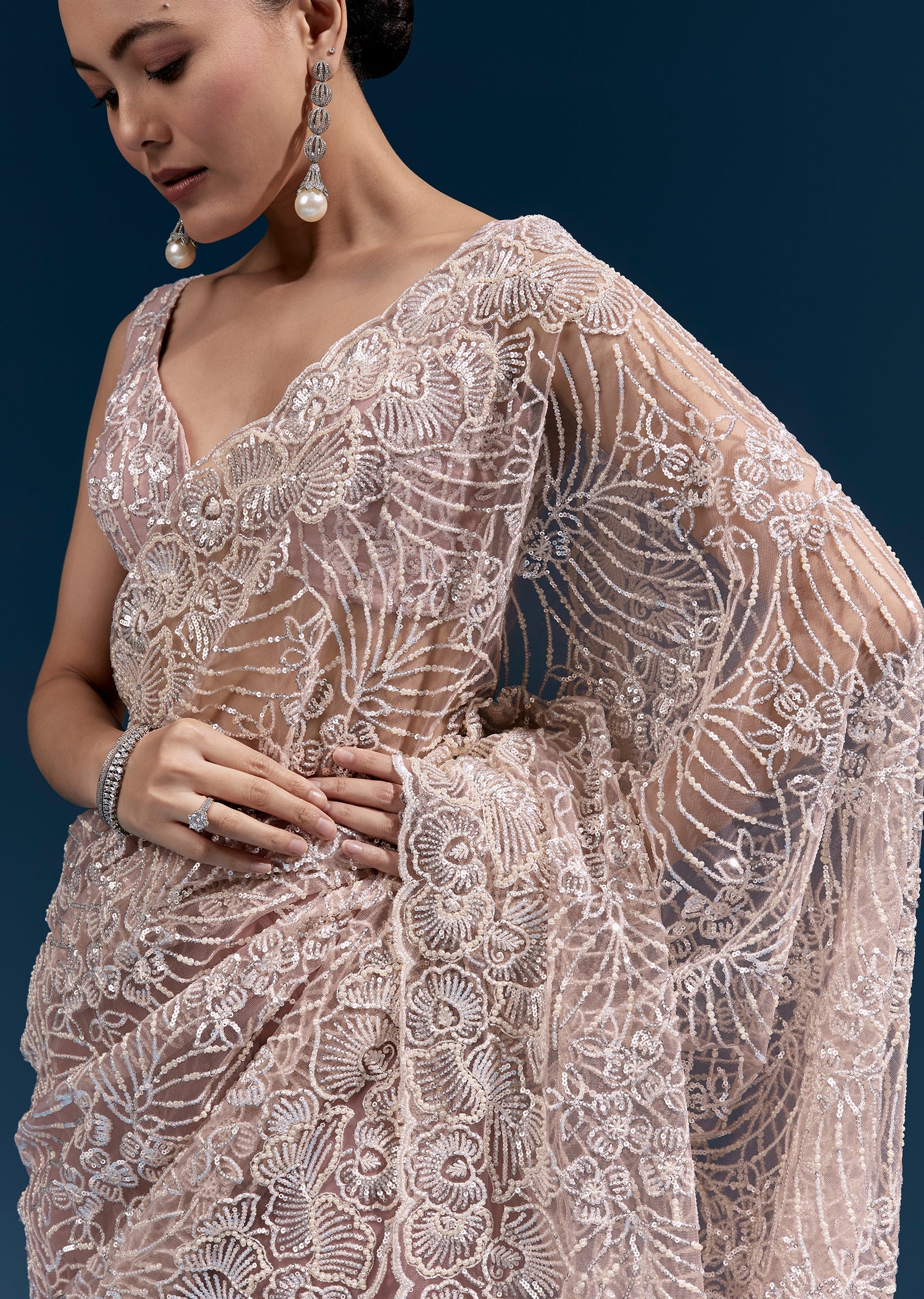 Pink Heavy Embroidered Net Saree With Cutwork Border And Floral Jaal - Image 2
