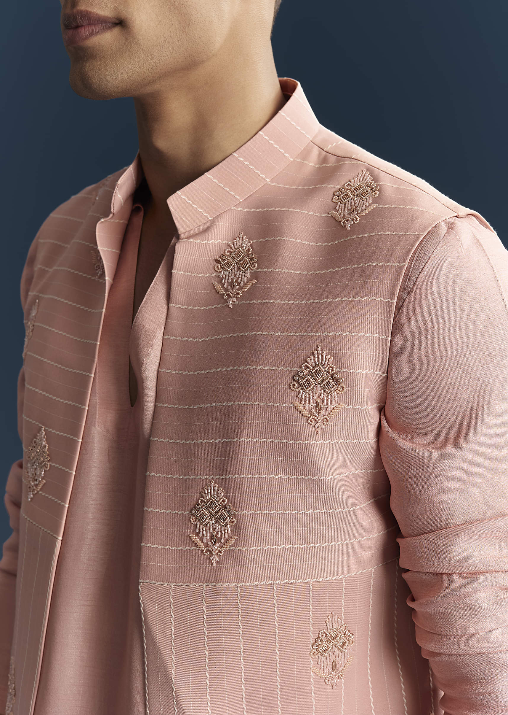 Pink Imported Linen Kurta Jacket Set For Men With Aari Embroidery - Image 2