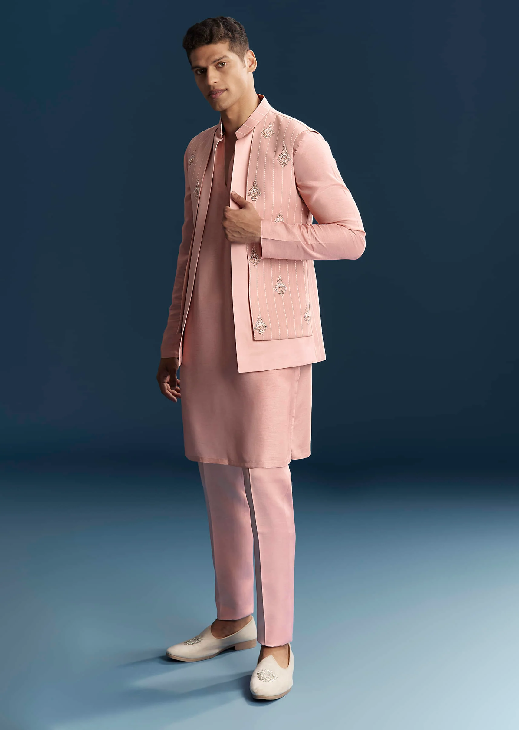 Pink Imported Linen Kurta Jacket Set For Men With Aari Work - Image 3