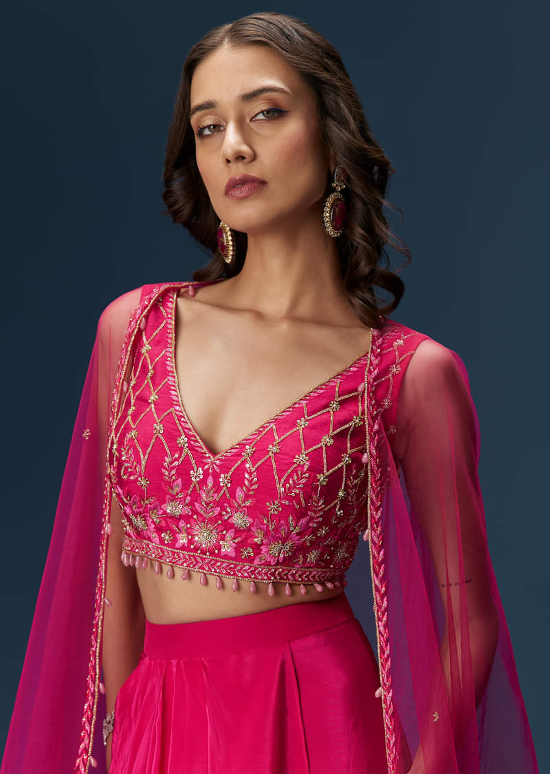 Pink Indo Western Skirt Set With Embroidered Blouse And Dupatta - Image 4