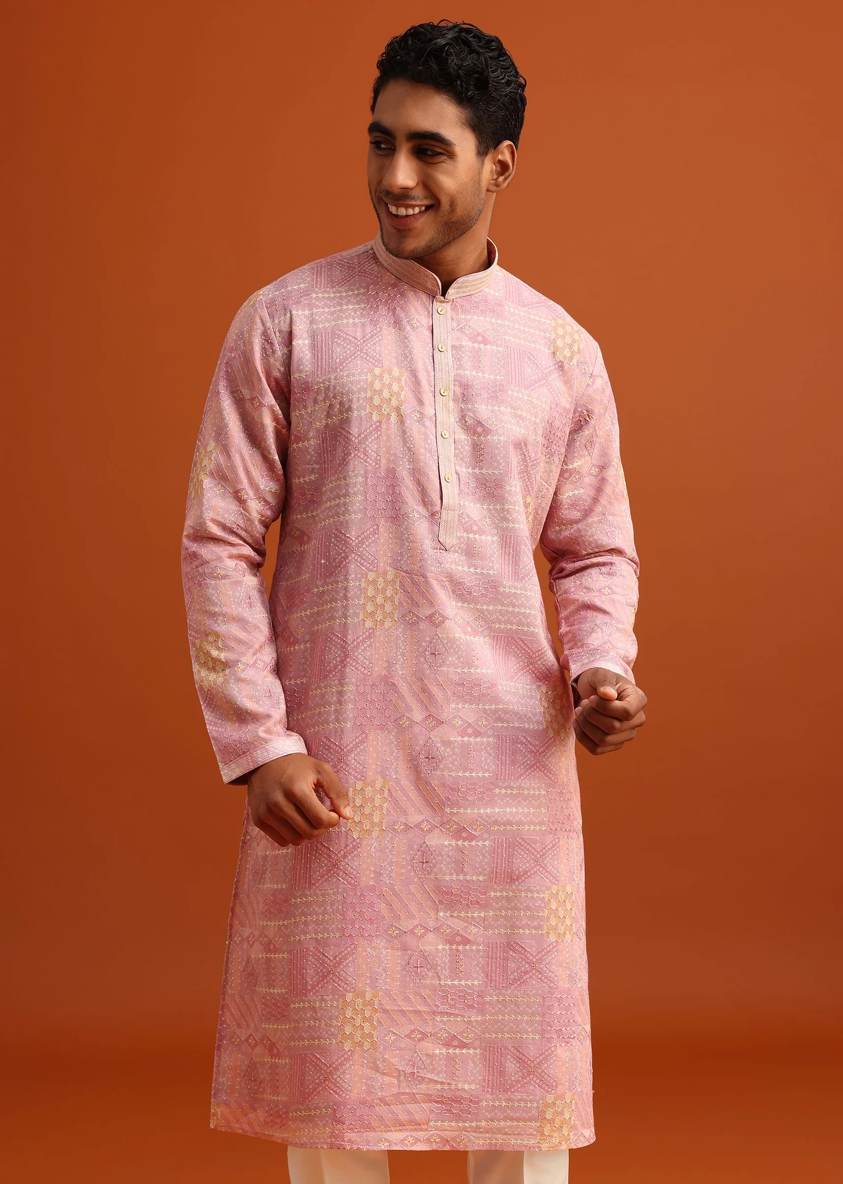 Pink Kurta And Pant Set In Silk With Printed Work - Image 3