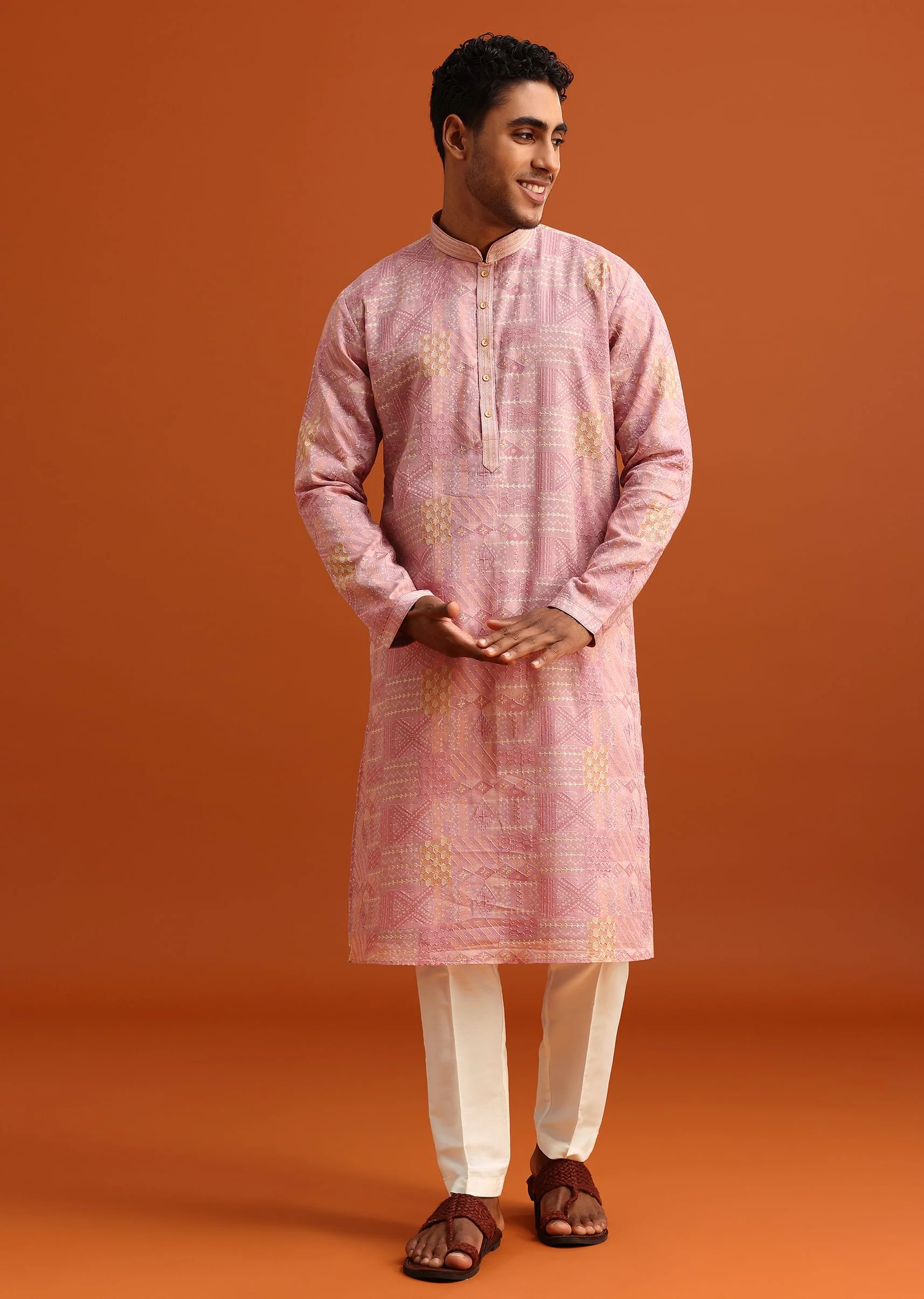 Pink Kurta And Pant Set In Silk With Printed Work - Image 4