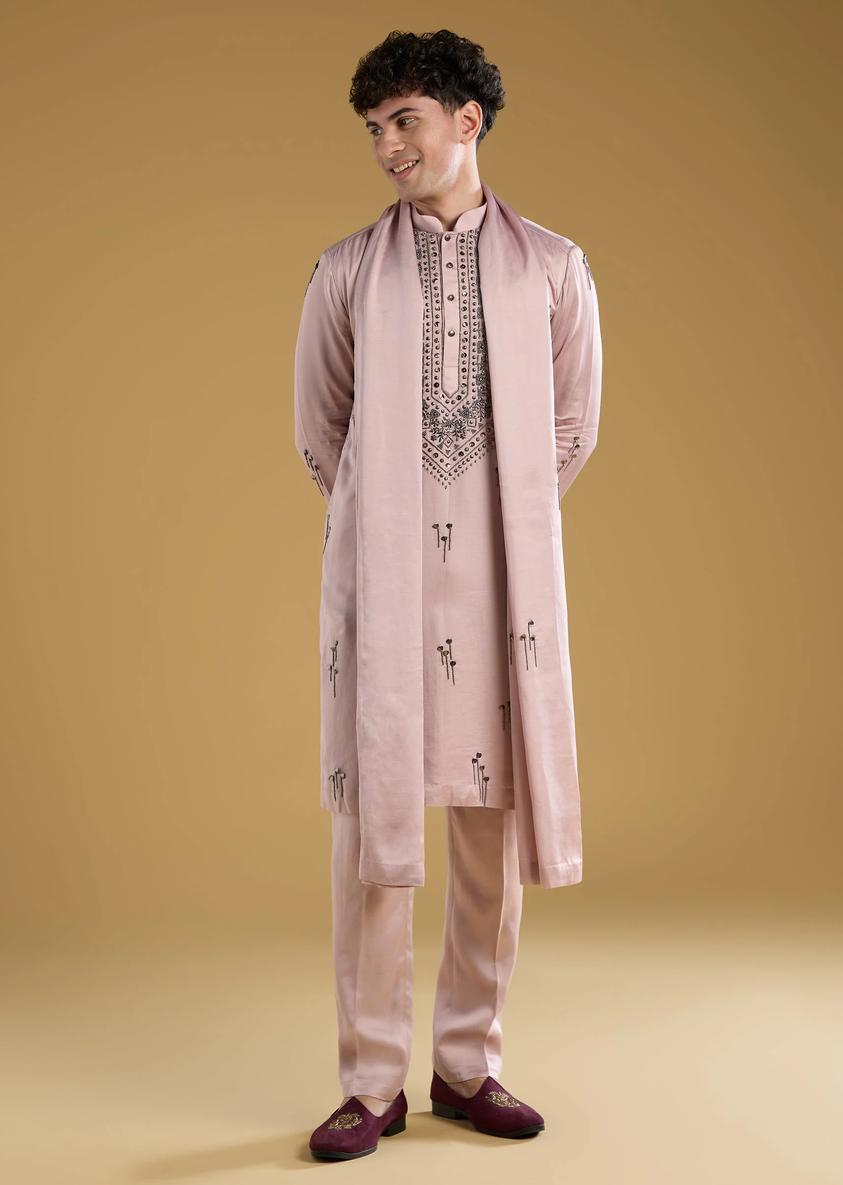 Pink Kurta Set With Thread Metal And Beads Detail - Image 4