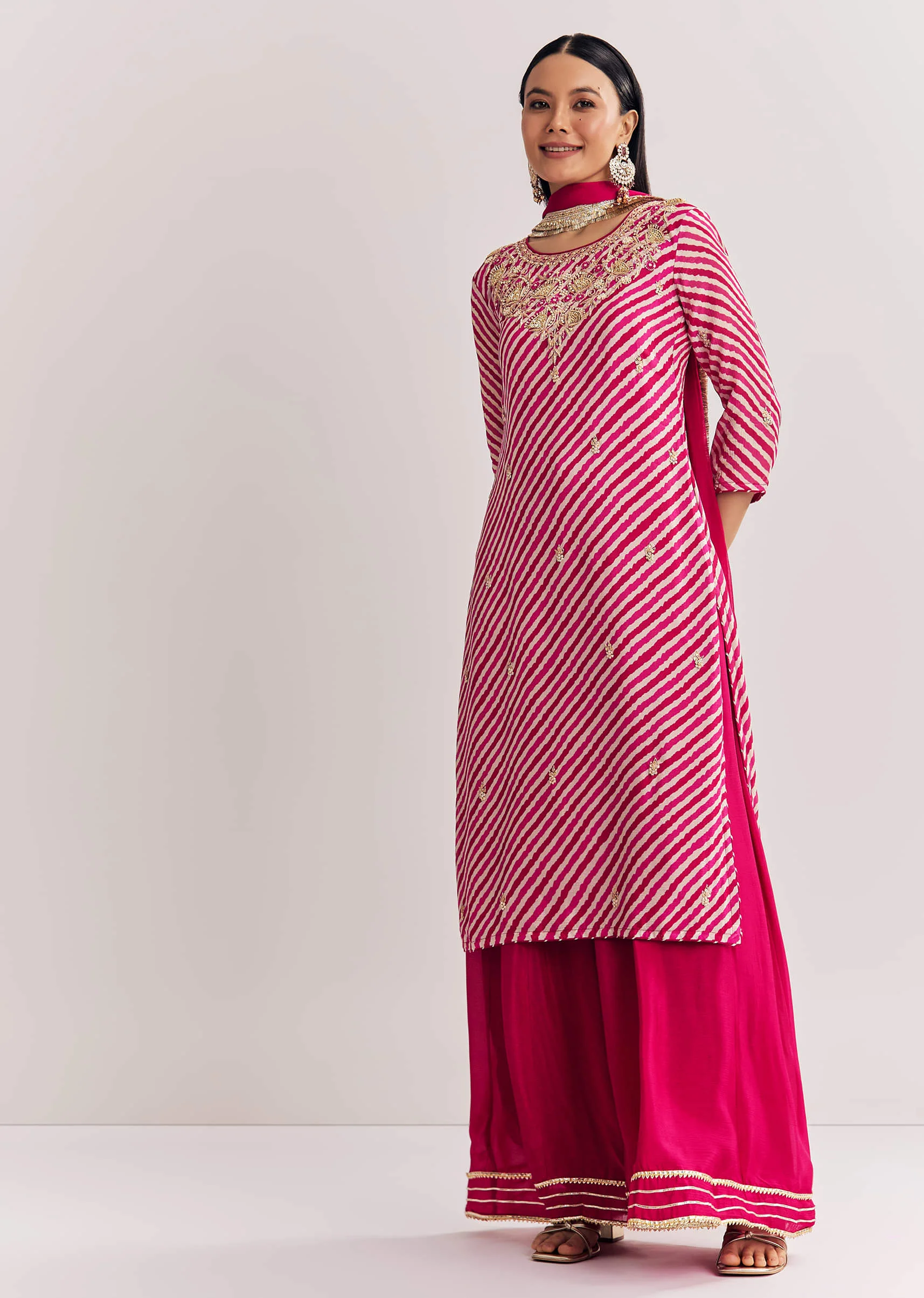 Pink Leheriya Zardosi Work Kurta Palazzo Suit - Image 3
