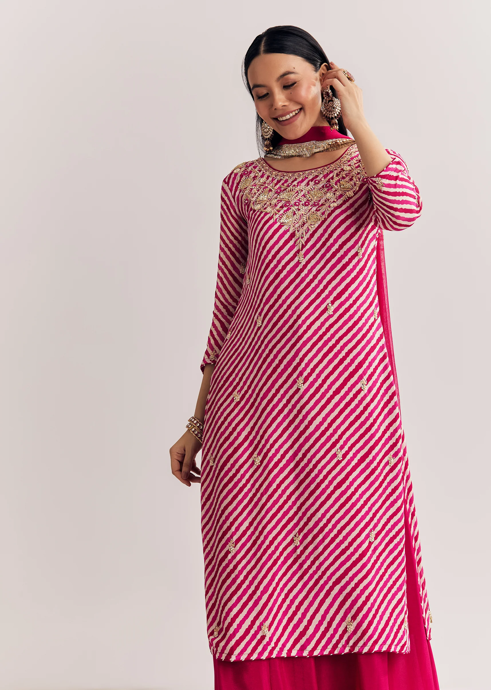 Pink Leheriya Zardosi Work Kurta Palazzo Suit - Image 4