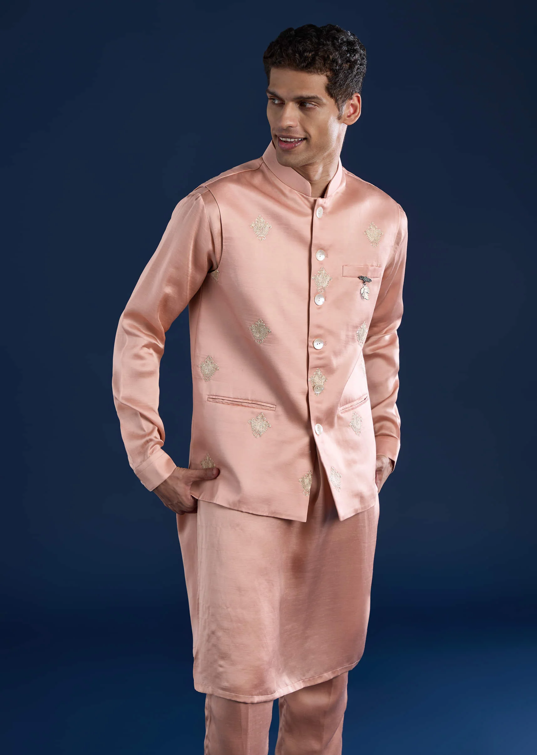 Pink Linen Silk Jacket Kurta Set with Zari Work - Image 4