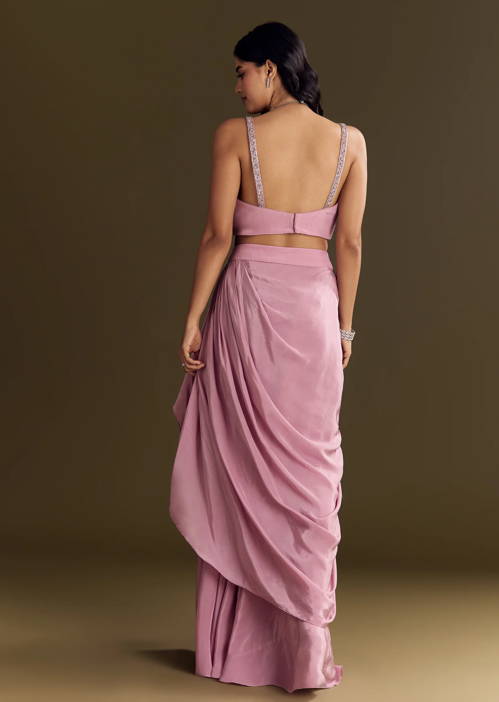 Pink Mirror Sequin Embroidered Croptop Skirt With Cape - Image 6