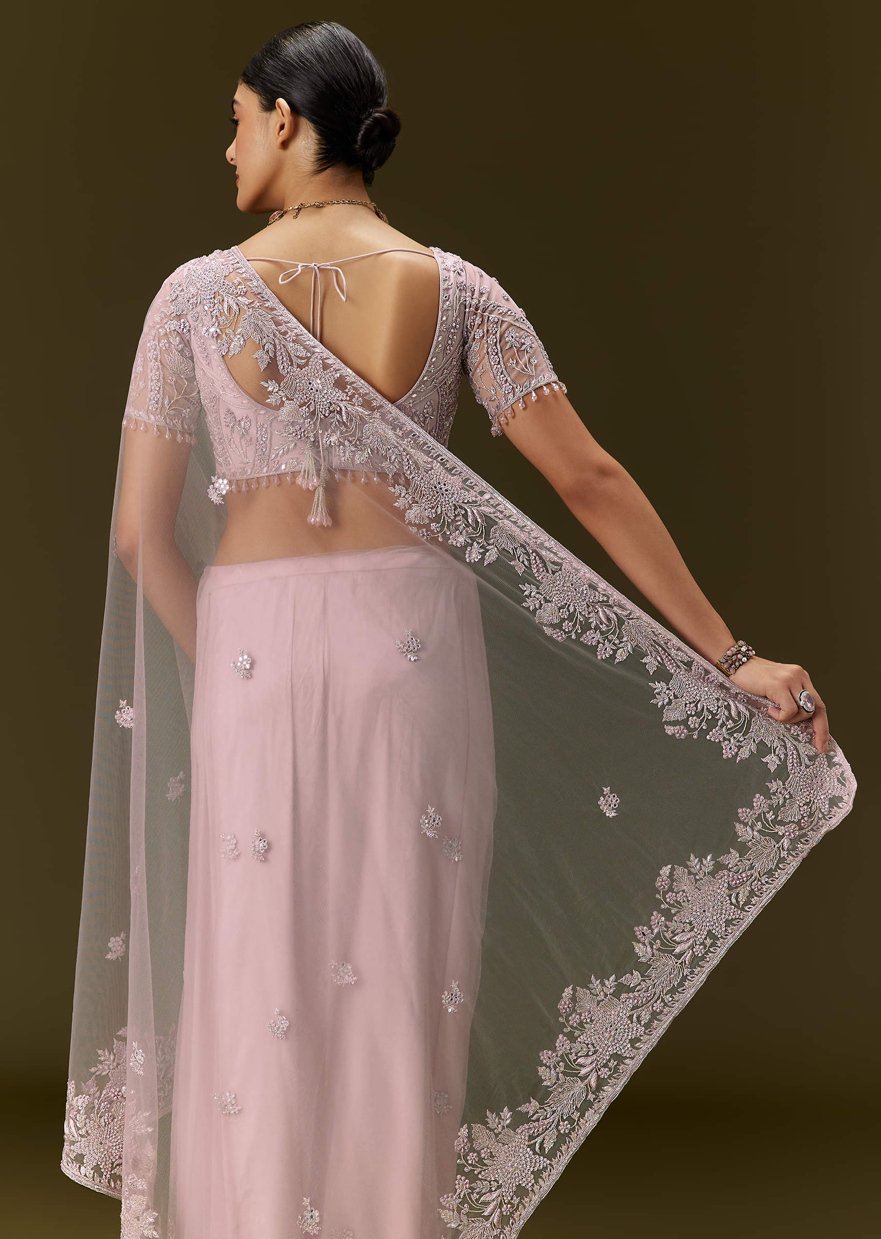 Pink Net Saree With All Over Embroidery - Image 4