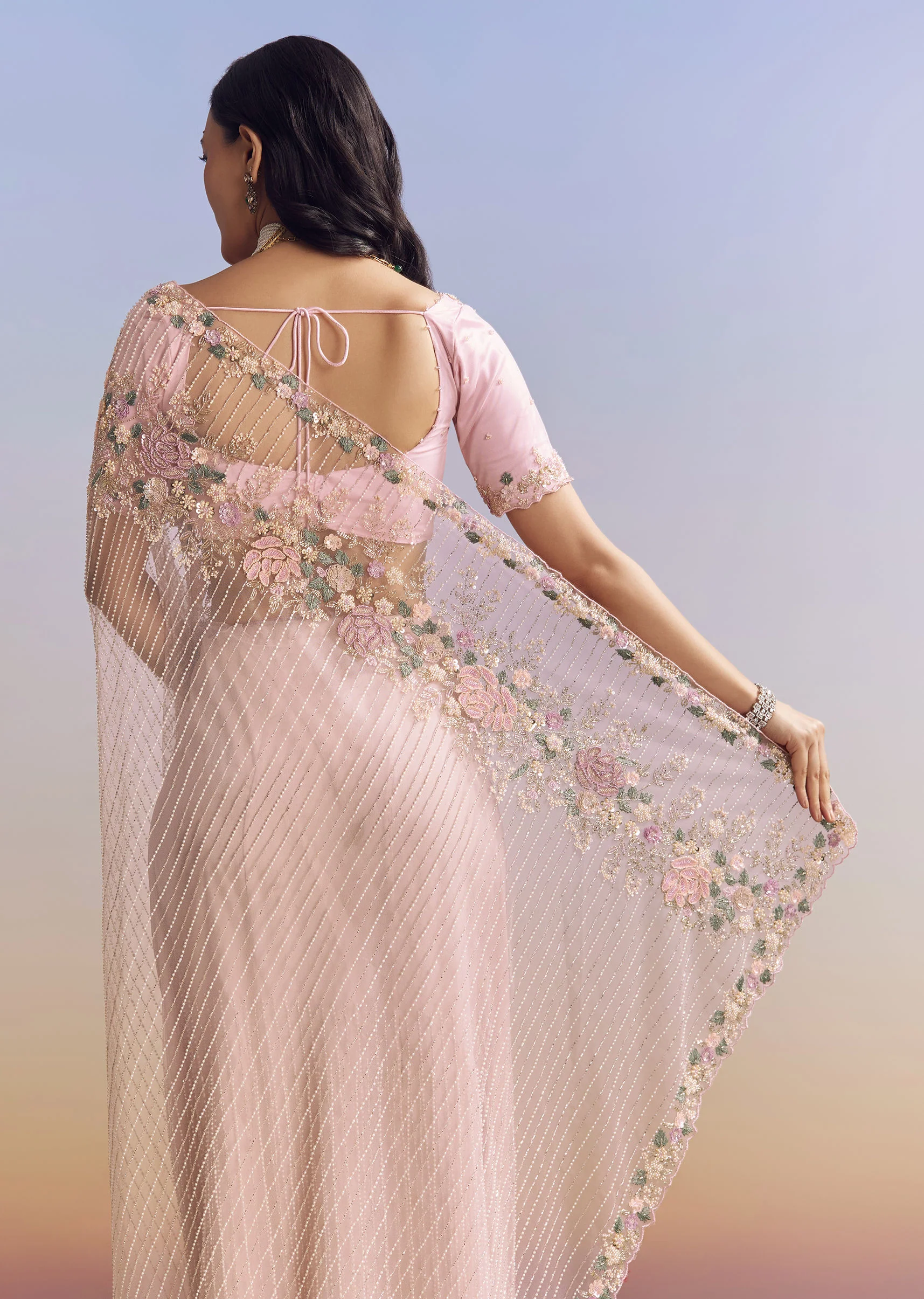 Pink Net Saree With Pastel Floral Embroidery And Resham Detailing - Image 4