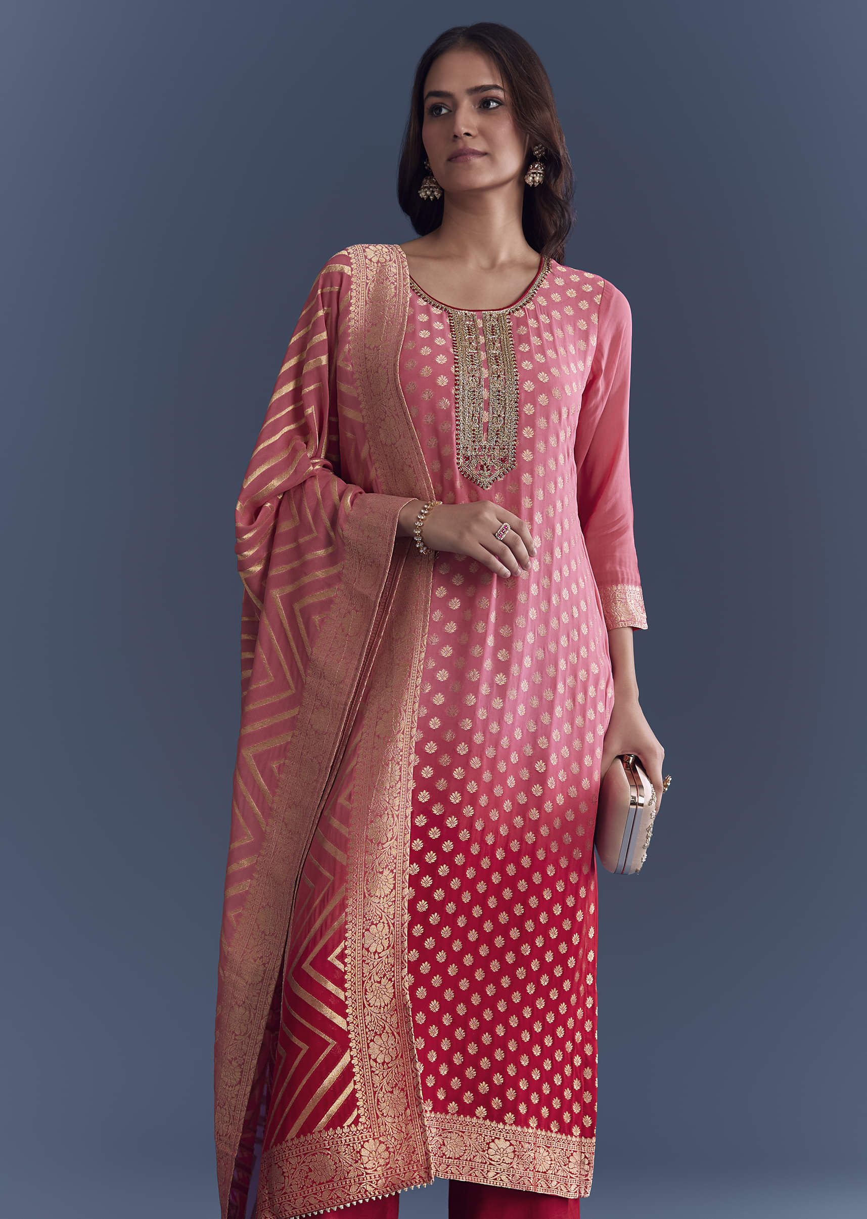 Pink Ombre Georgette Kurta Set With Banarasi Weave - Image 4