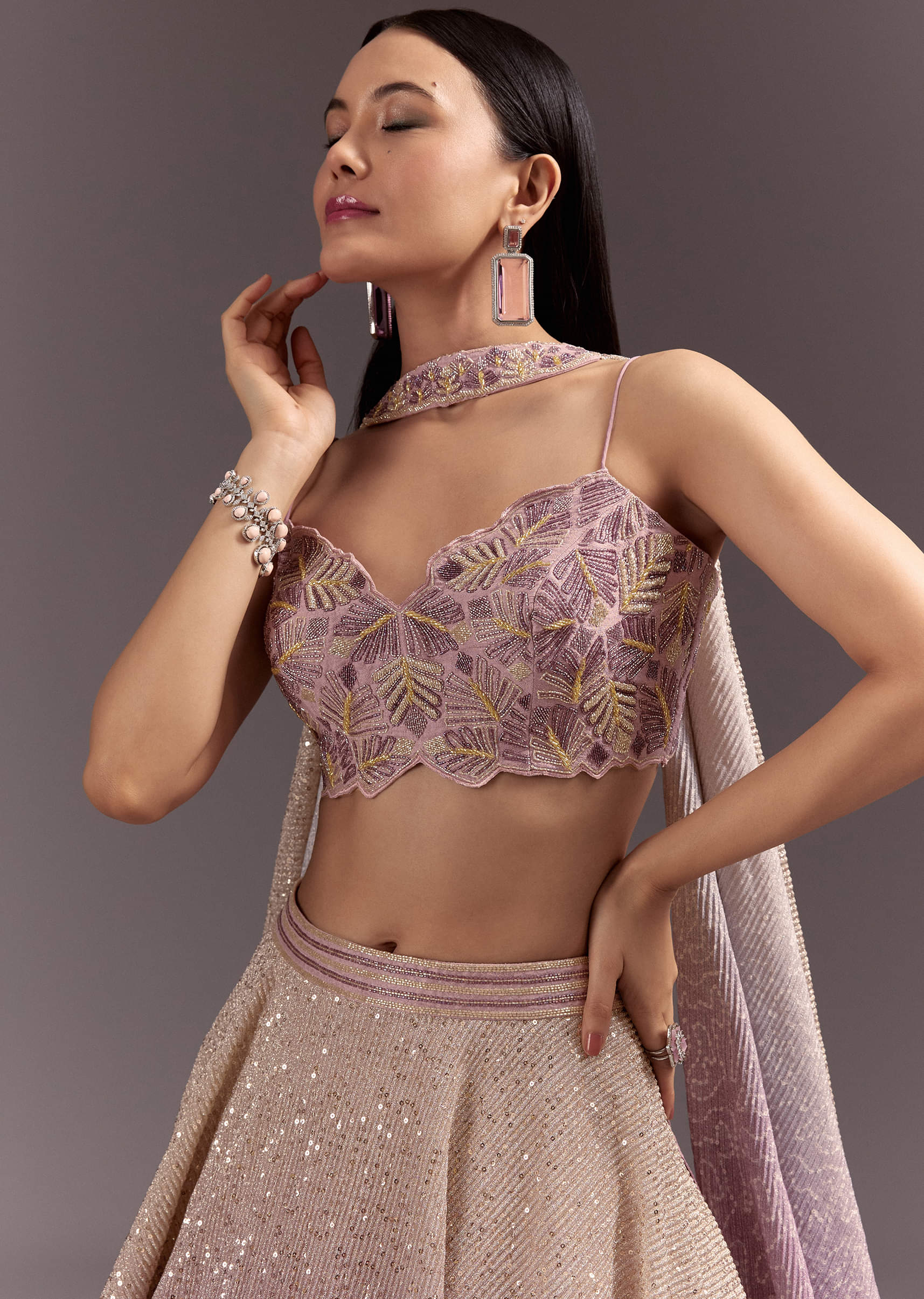 Pink Ombre Lehenga Dupatta Set With Heavily Worked Blouse - Image 3