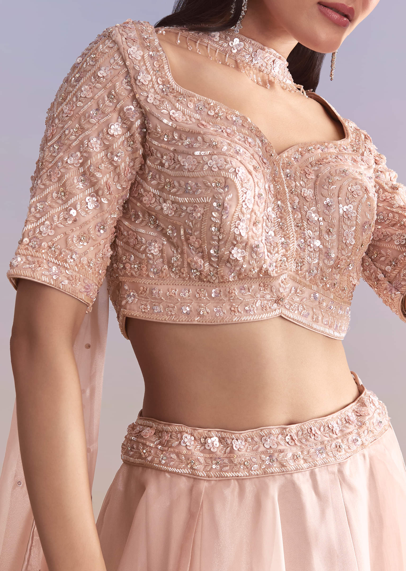 Pink Organza Bridesmaid Lehenga With Sequins And Cutdana Embroidery - Image 3