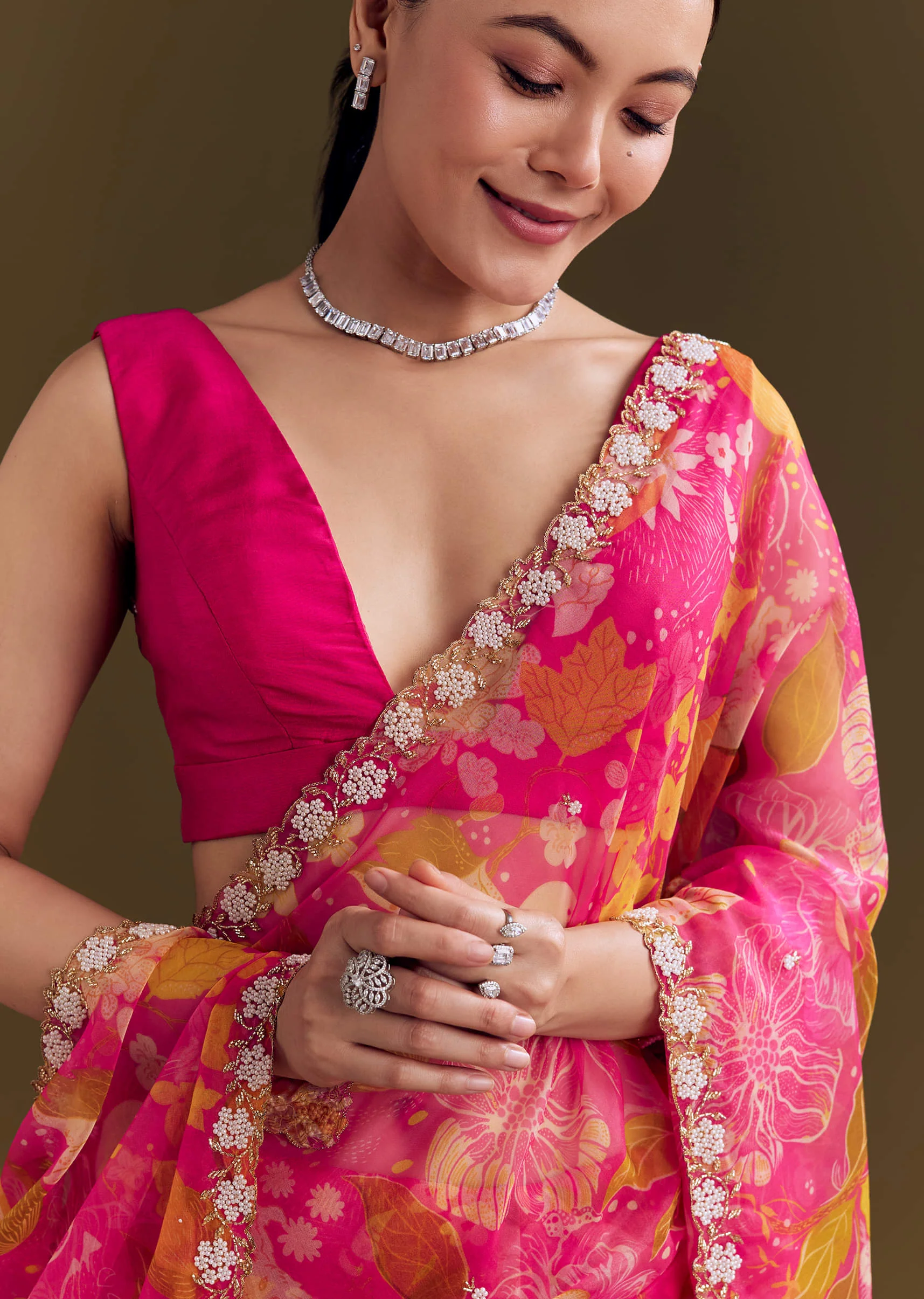 Pink Organza Floral Saree With Embellished Border - Image 3