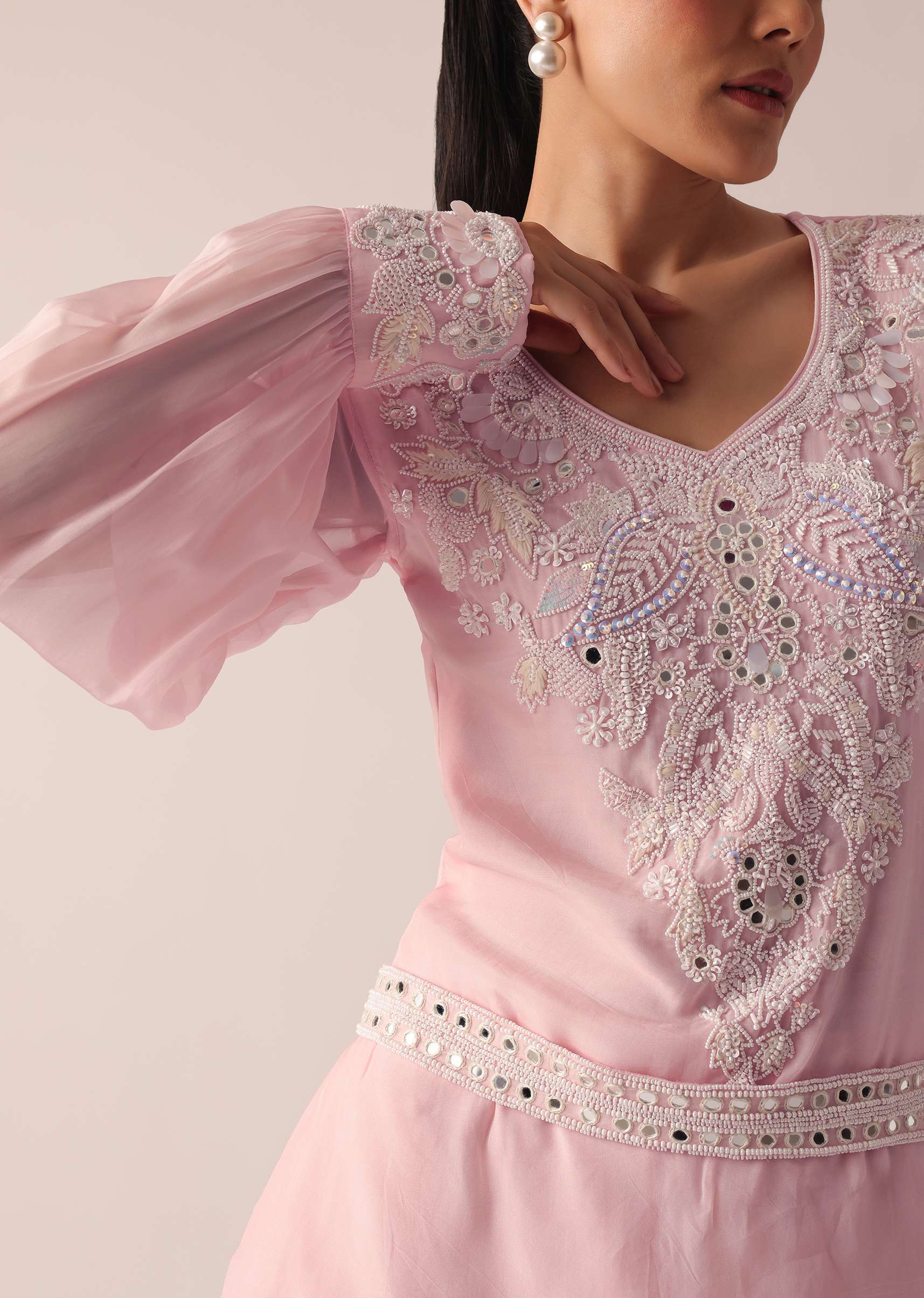 Pink Organza Kurta Palazzo Set With Mirror Work And Belt - Image 2