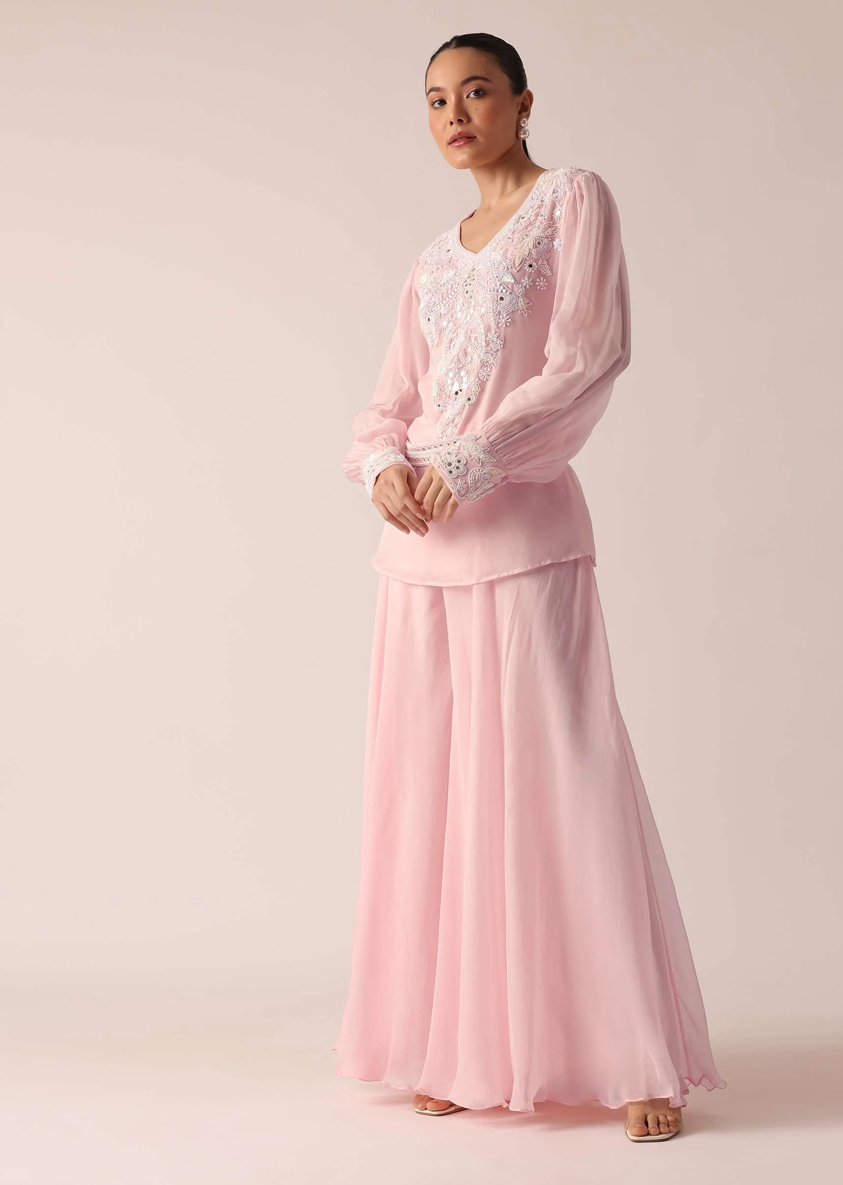 Pink Organza Kurta Palazzo Set With Mirror Work And Belt - Image 3