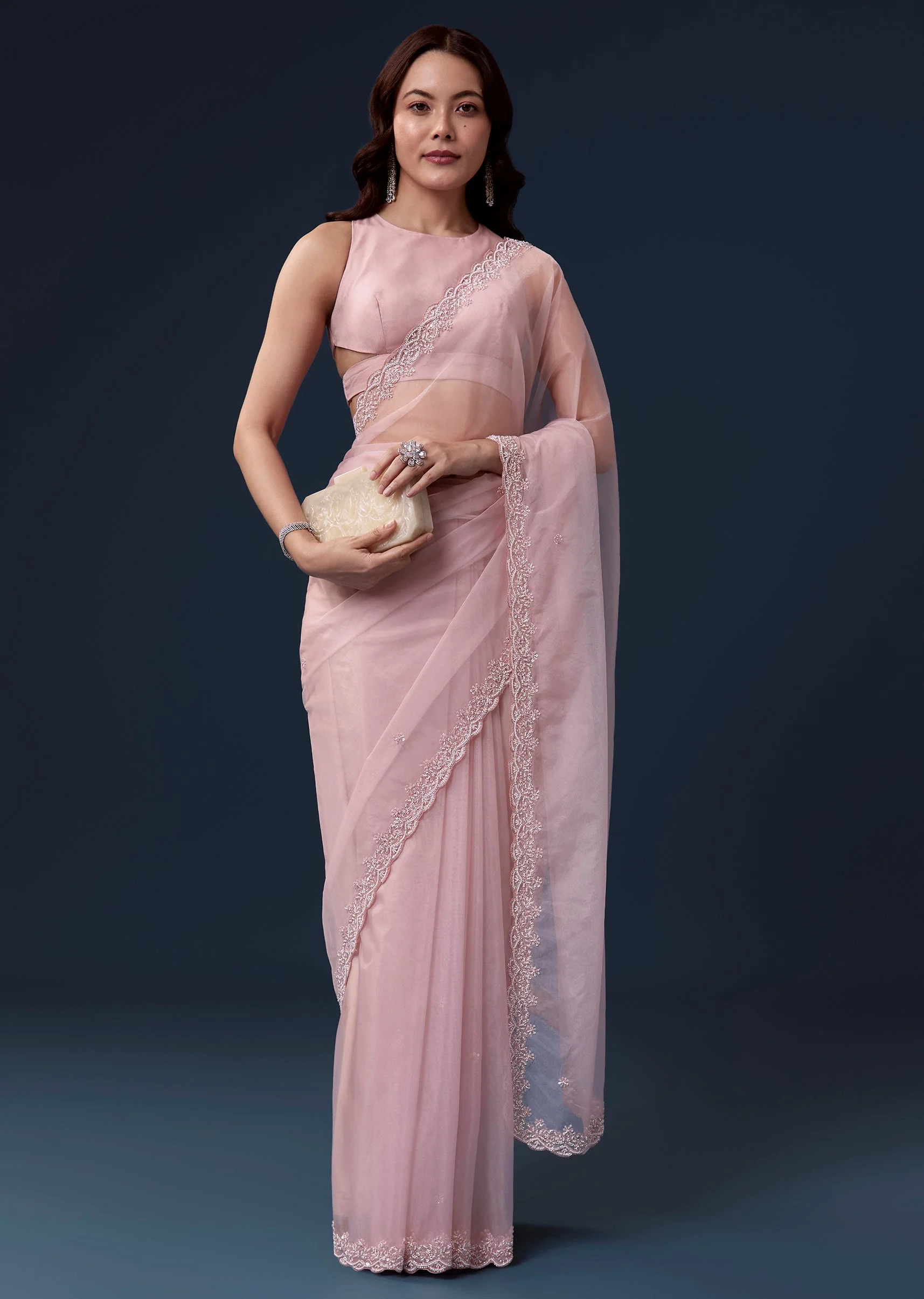 Pink Organza Saree With Cutdana Beads And Sequin Embroidery - Image 5