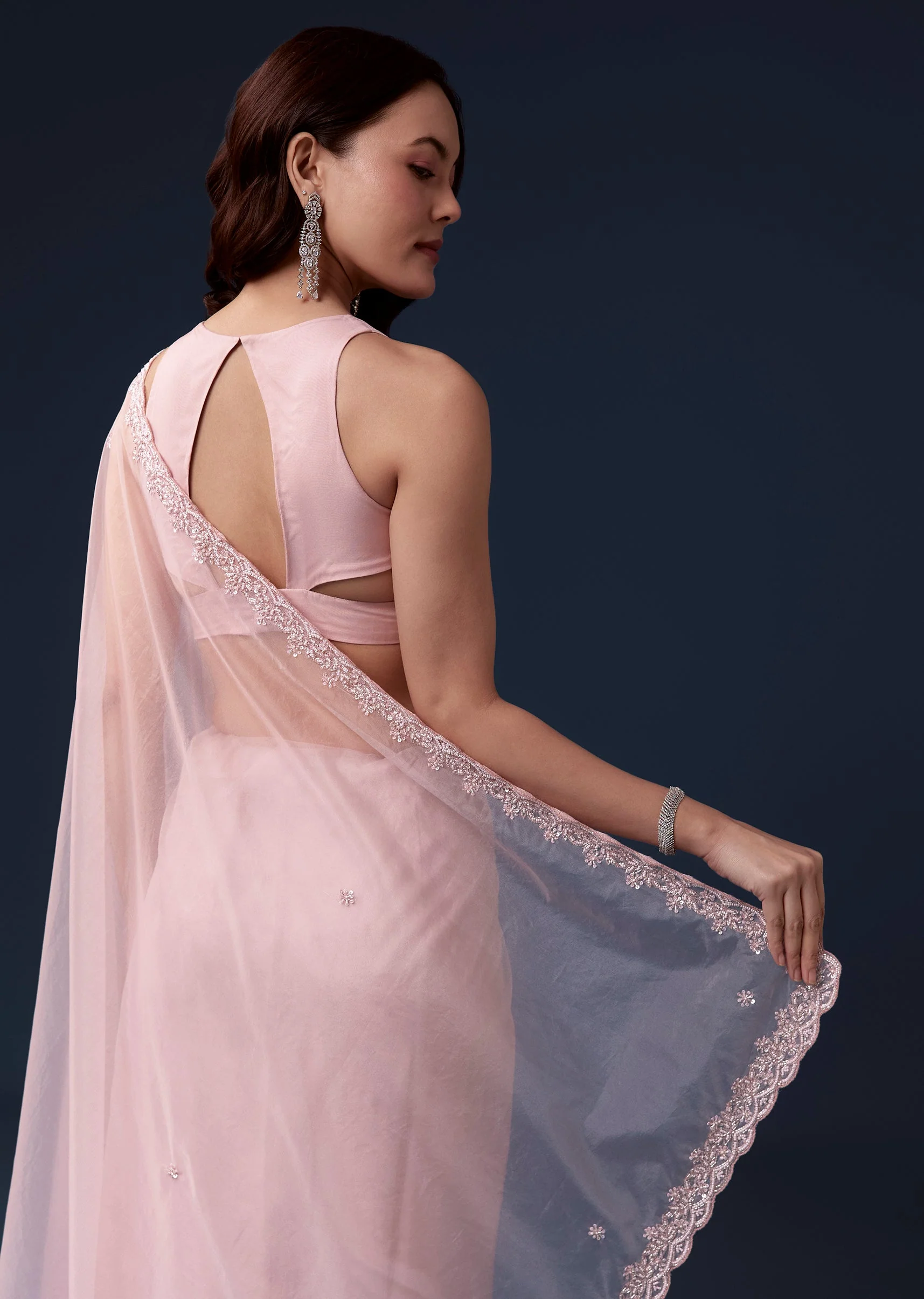 Pink Organza Saree With Cutdana Beads And Sequin Embroidery - Image 6
