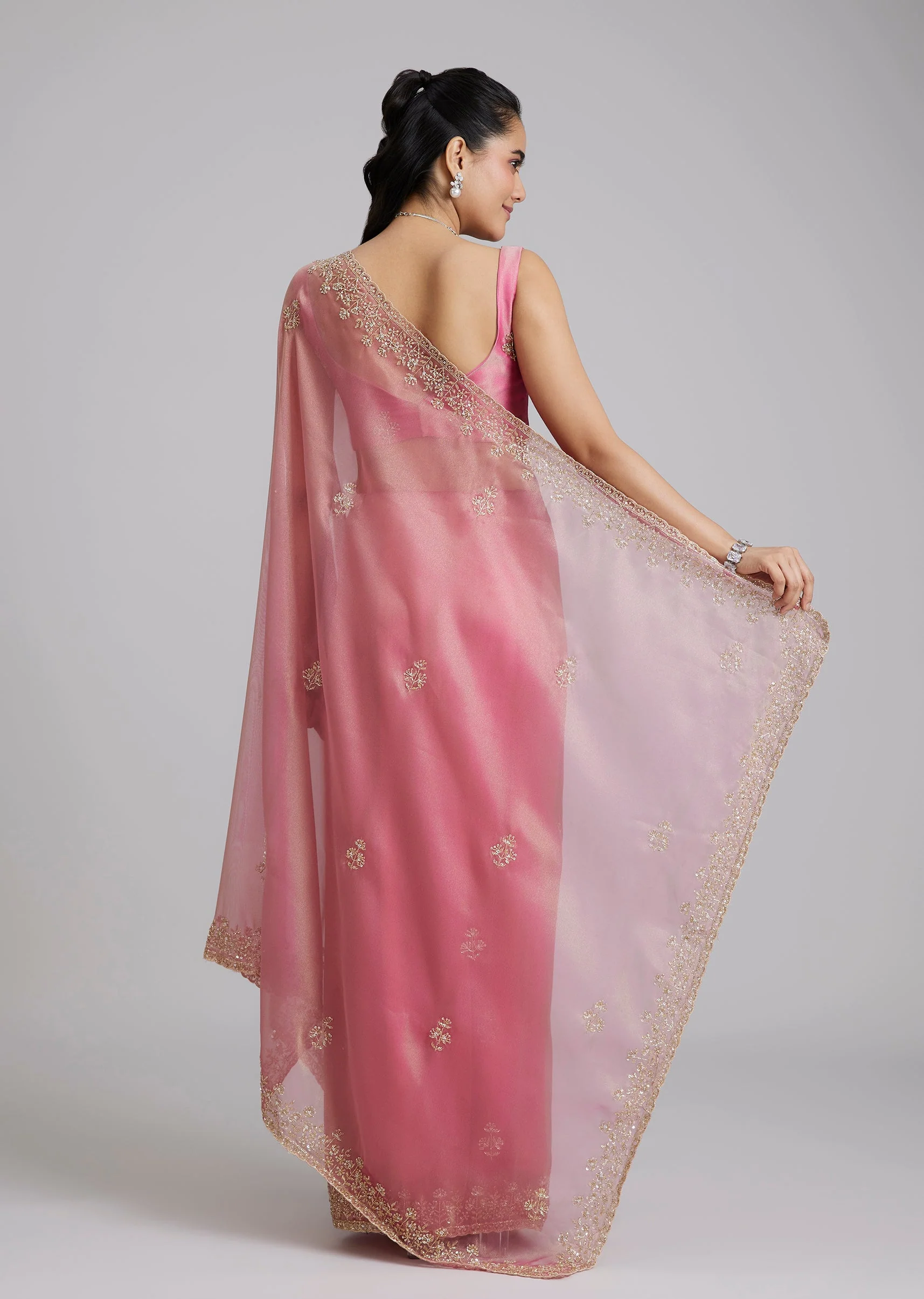 Pink Organza Saree With Floral Border - Image 4