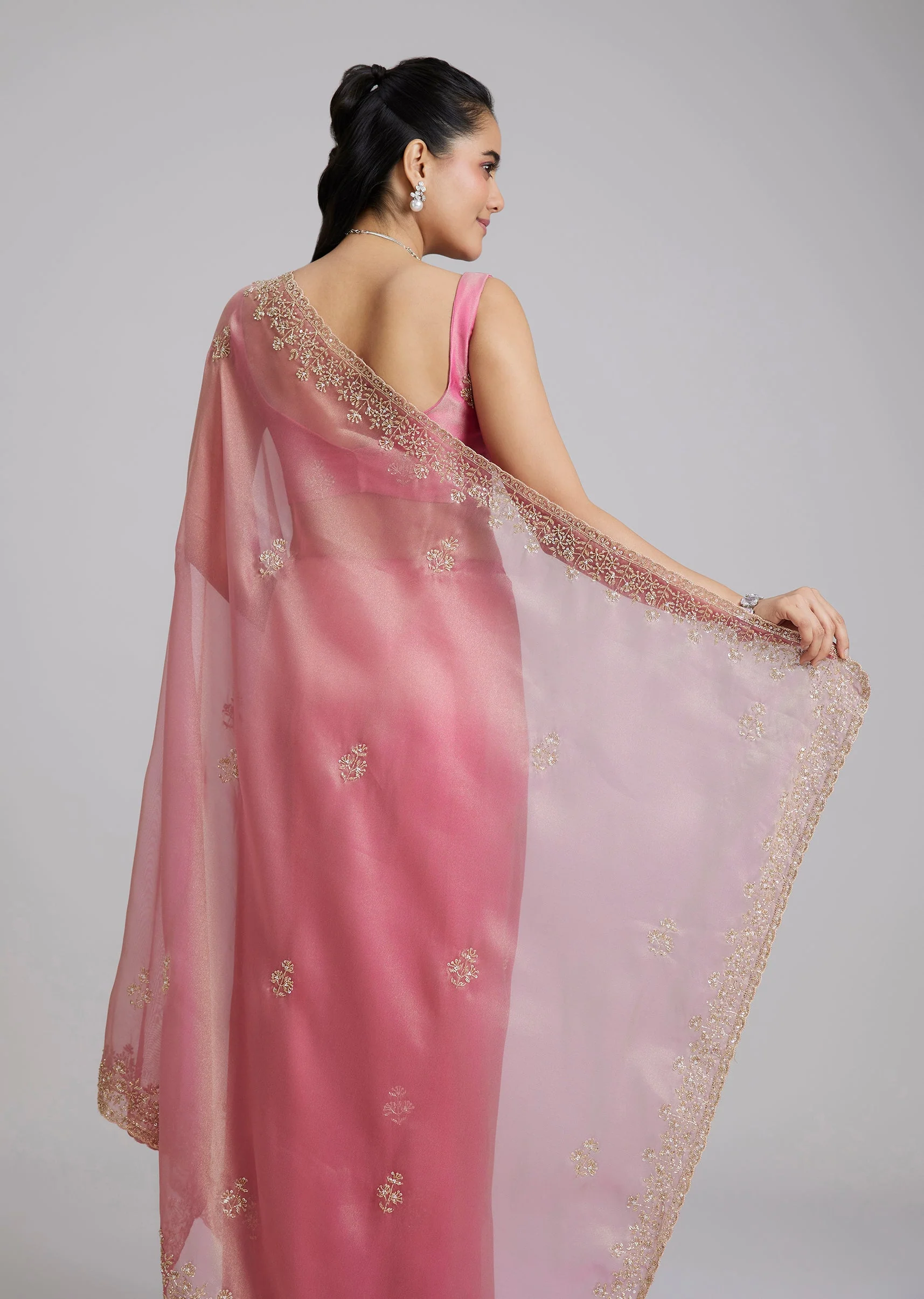 Pink Organza Saree With Floral Border - Image 6