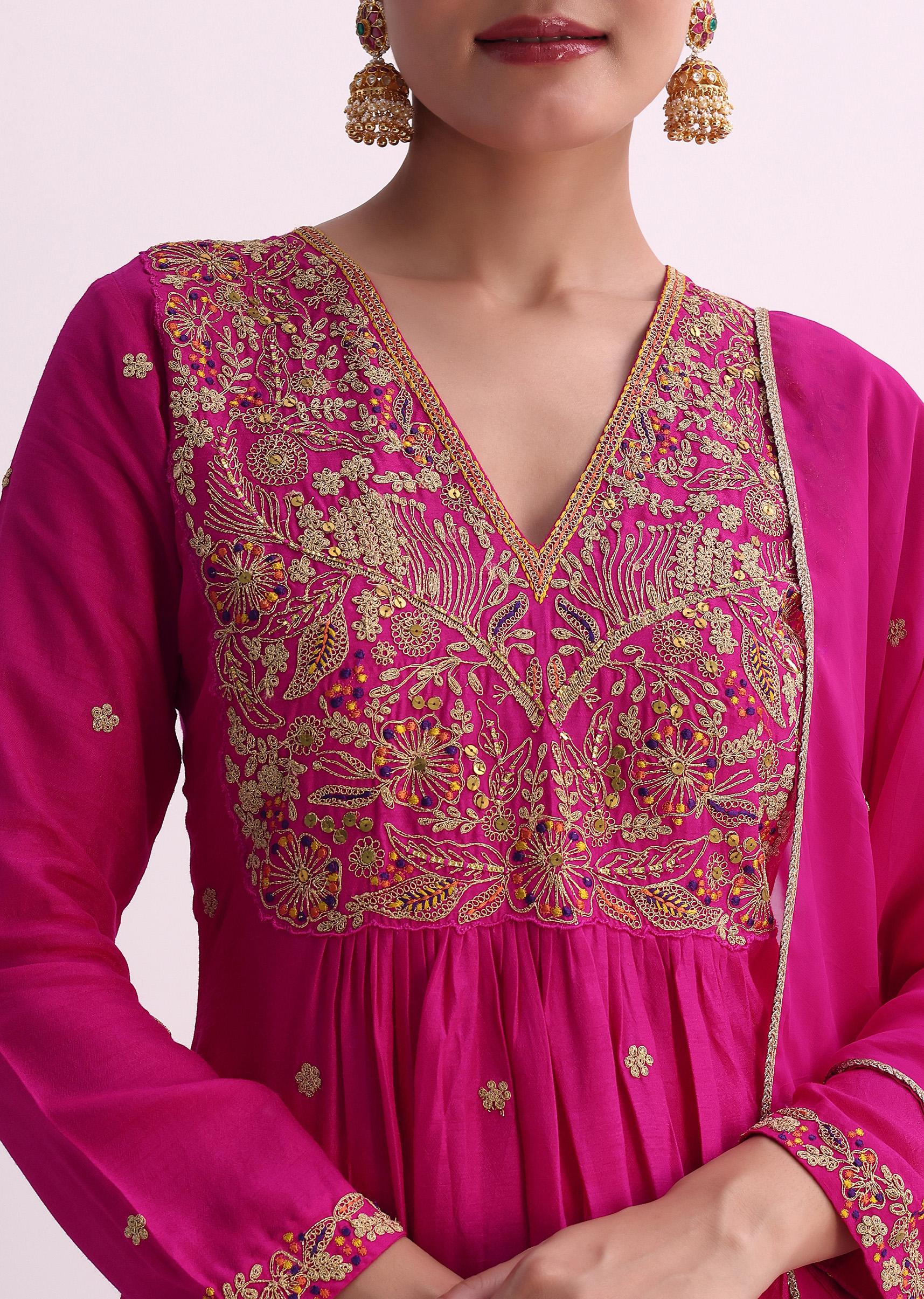 Pink Palazzo Set With Zari Embroidered A-Line Kurta And Dupatta - Image 2